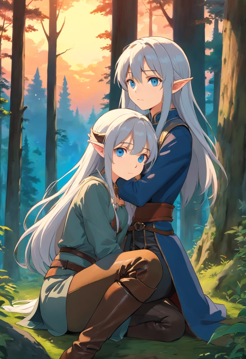 masterpiece, best quality, detailed, 1girl, 1boy, blue eyes, long hair, silver hair, (dense forest in the background), medieval tight leather pants, medium breasts, sunset, (elf), vagina,( on a knees), doggy style pose, sucking penis