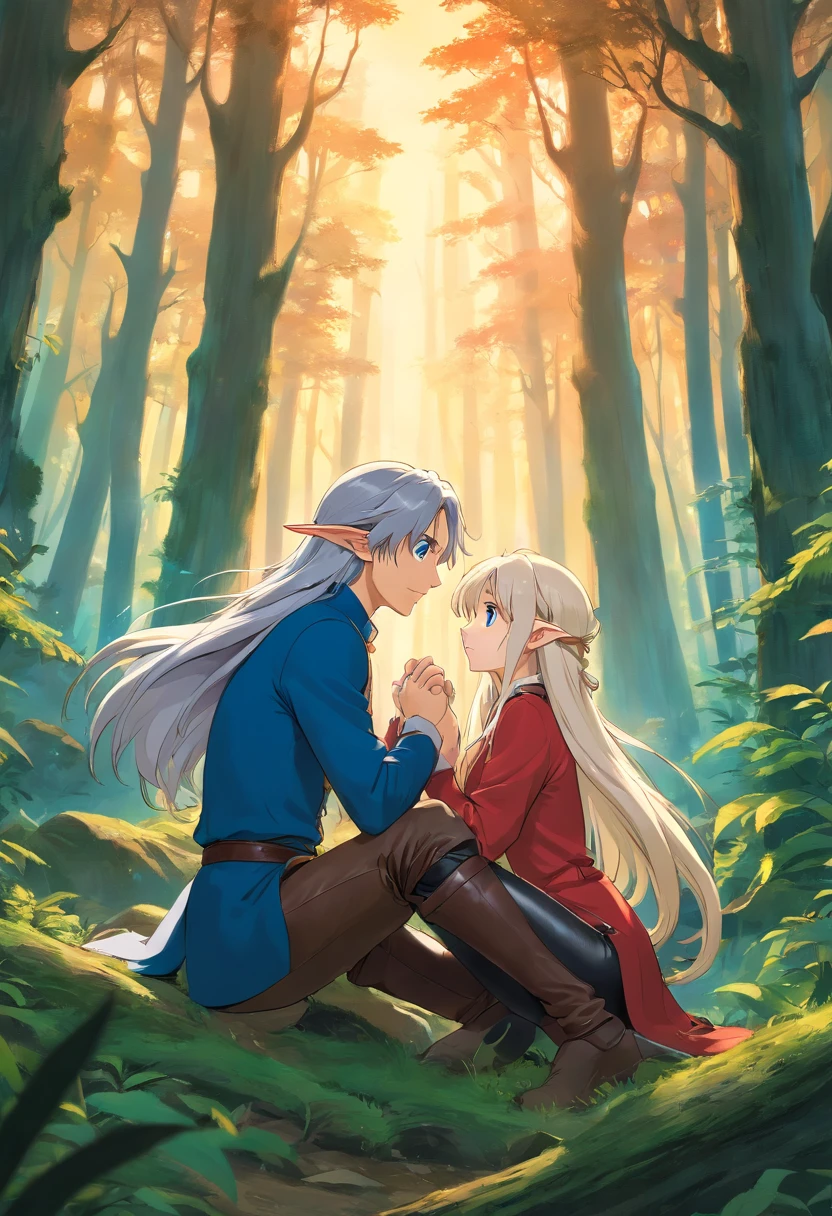 masterpiece, best quality, detailed, 1girl, 1boy, blue eyes, long hair, silver hair, (dense forest in the background), medieval tight leather pants, medium breasts, sunset, (elf), vagina,( on a knees), doggy style pose, sucking penis
