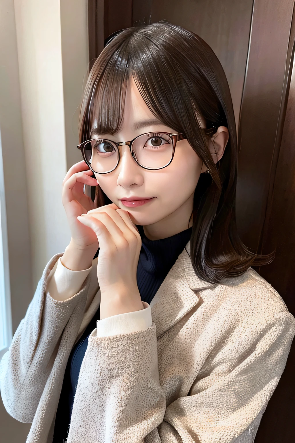 Woman with glasses、Long-sleeved jacket、inside in room