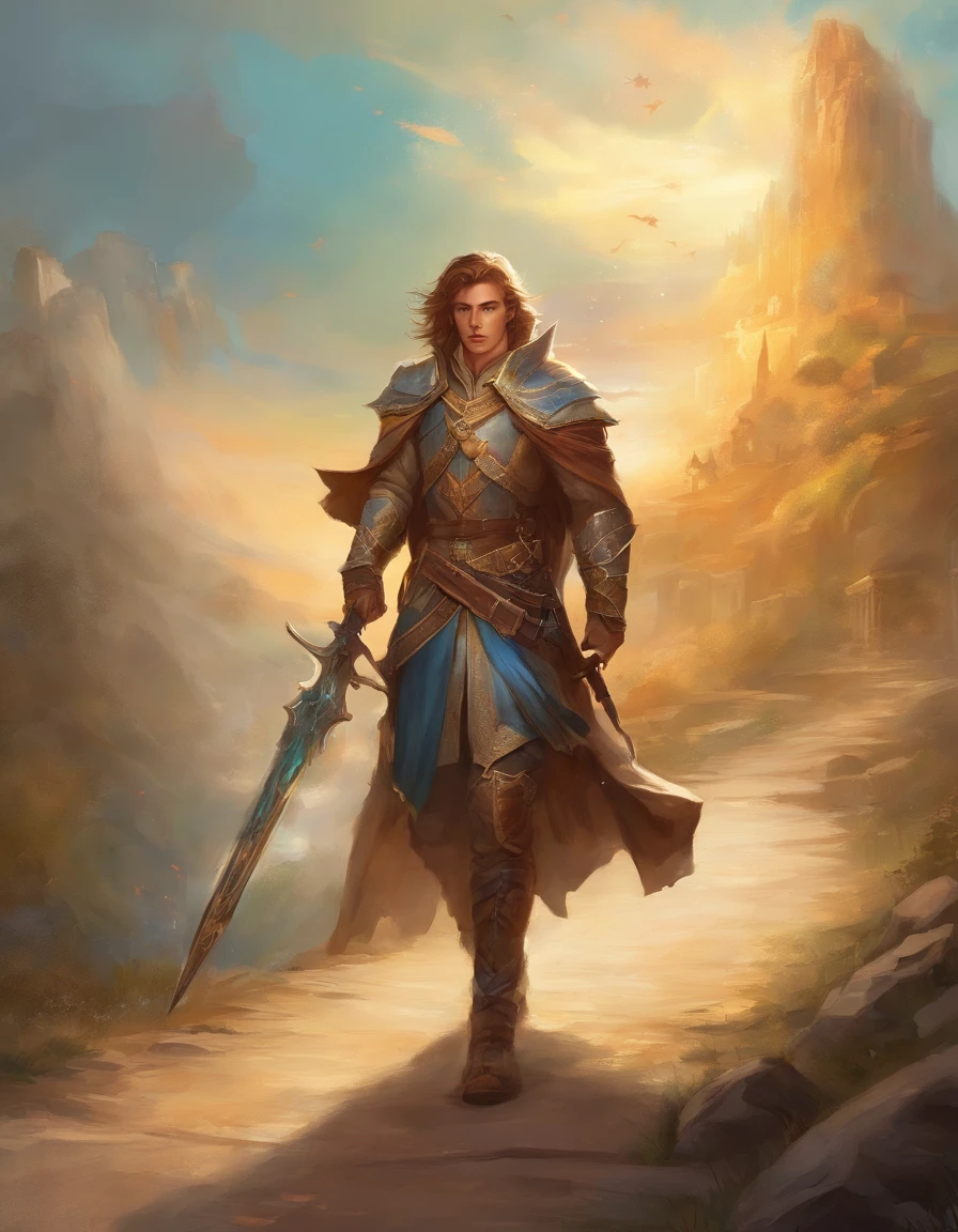 Faithful young squire walking down a road carrying a hero's weapons and equipment.