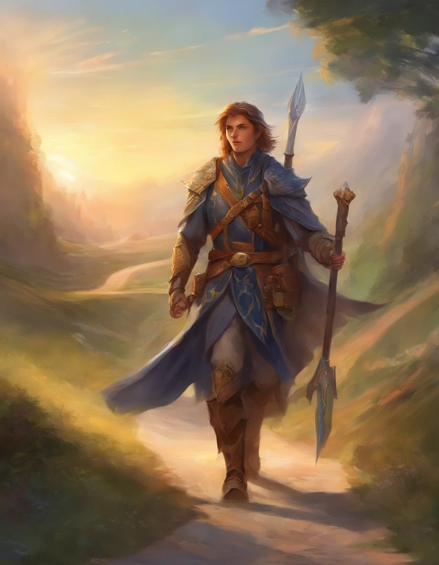 Faithful young squire walking down a road carrying a hero's weapons and equipment.