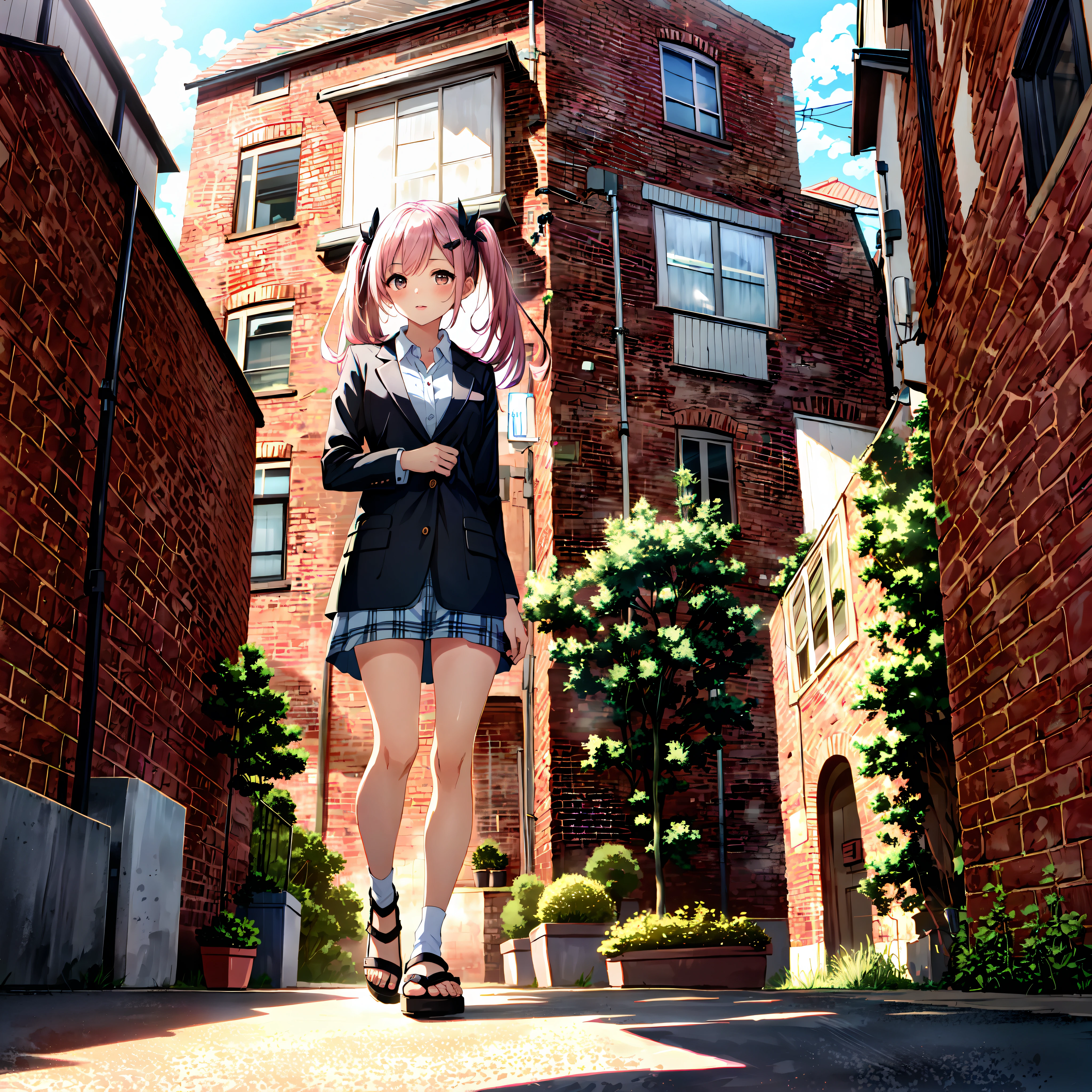 (masutepiece, Best Quality),
1girl in, bent over, (Breast squeeze:1.3), Head tilt, View Viewer
break, girl, 25 I, Office Lady, ,Huge breasts, (lip stick:1), Half-closed eyes, Smile, Parted lips,,1 beautiful girl, Solo,(Cute:1.5),(Chibi:0.8), (kawaii:1.5),(Lori:0.5), BREAK, (girl, Cute, Cheerful, Loli face, medium breasts, Chest gap Hanging chest:1.2),(Pink hair,disheveled short twin tails,tareme,Gold eyes:1.2), gleaming skin, (Doya face:1.1),Stuffed rabbit,BREAK, (Jacket, White collared shirt, Long sleeves), Heart-themed accessories, Sandals, (Black rabbit ear headband:1.0), BREAK,wakame,wakame,wakame,(Angle from below:1.25),(plein air:1.1),(building,Red brick wall:1.3),(city,Cityscape:1.2),BREAK,(masutepiece, Best Quality, Highly detailed, Super Detail Art, High resolution, absurderes, 4K, 8K:1.2),(Official art, incredibly fine illustration, extremely details CG, Detailed background, Professional Lighting,Standing, Perfect hands, Detailed shiny skin, detailed hairs, Detailed eyes),(Highly detailed CG Unity 8k wallpaper),(Best Quality),(Super Detail),(Best Illustration),(Best Shadow),POV,Realistic lighting and shading,Natural light,Lens flare effect, BREAK,