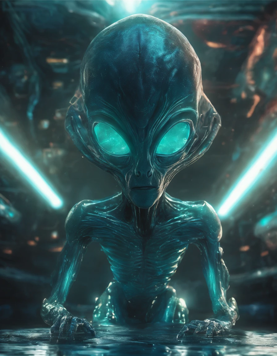 andar, hands and feet, olhos grandes, Water Sprites,semi transparente,adolable, (((Translucent humanoid alien creature))), Luz, luz azul, verde preto oceano, Plants in the water,Rico em Cores,lighting effects