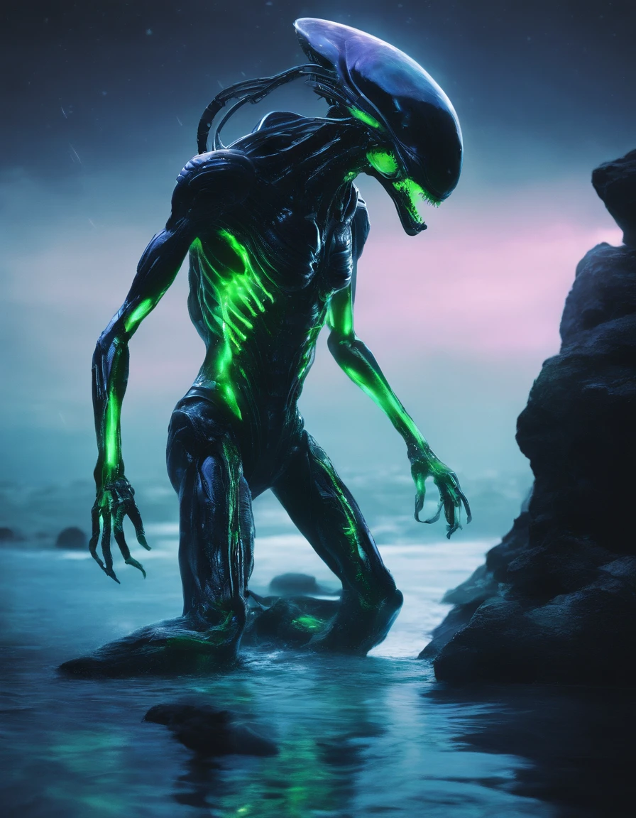 andar, hands and feet, olhos grandes, Water Sprites，semi transparente，adolable, (((Translucent humanoid alien creature))), Luz, luz azul, verde preto oceano, Plants in the water,Rico em Cores，lighting effects