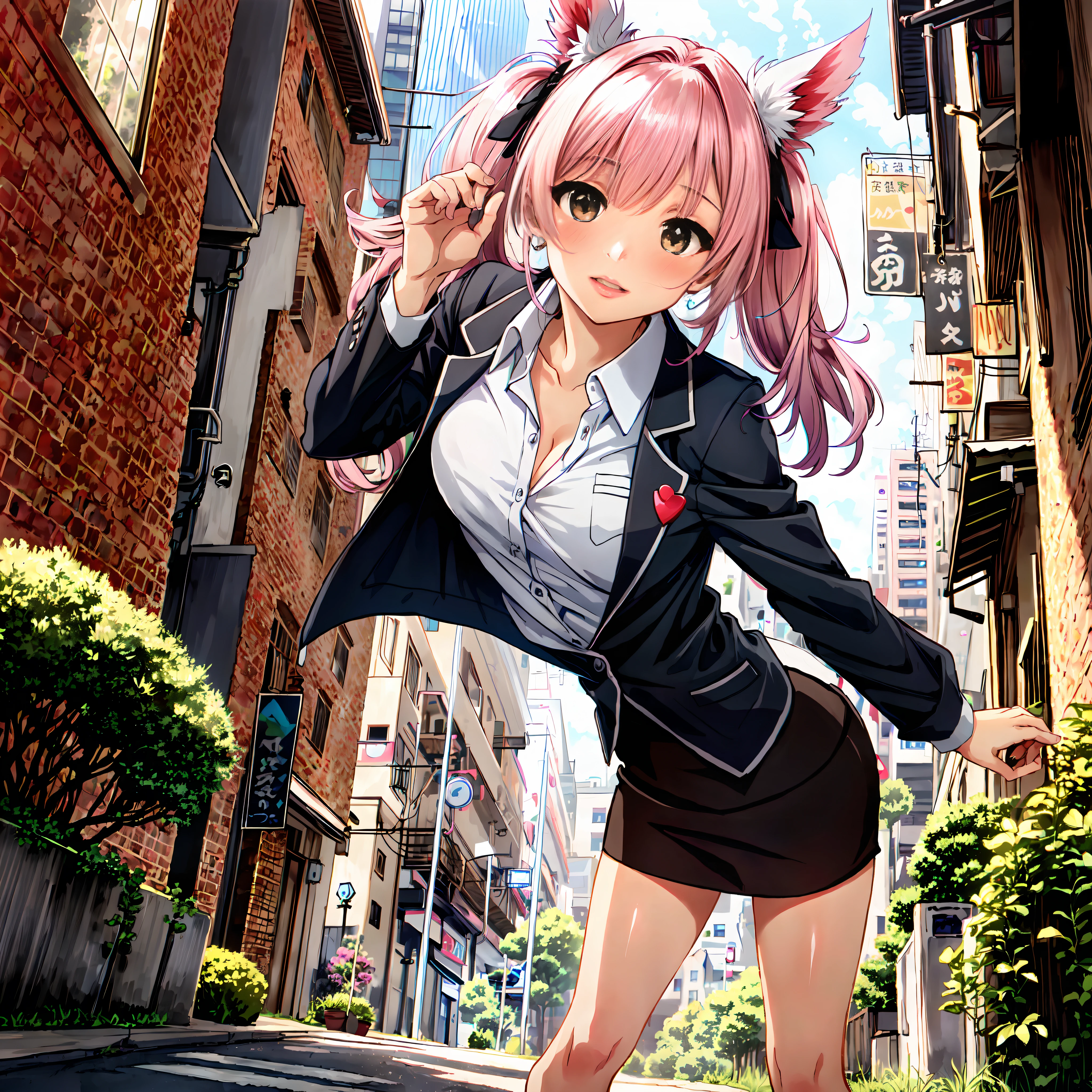 (masutepiece, Best Quality),
1girl in, bent over, (Breast squeeze:1.3), Head tilt, View Viewer
break, girl, 25 I, Office Lady, ,Huge breasts, (lip stick:1), Half-closed eyes, Smile, Parted lips,,1 beautiful girl, Solo,(Cute:1.5),(Chibi:0.8), (kawaii:1.5),(Lori:0.5), BREAK, (girl, Cute, Cheerful, Loli face, medium breasts, Chest gap Hanging chest:1.2),(Pink hair,disheveled short twin tails,tareme,Gold eyes:1.2), gleaming skin, (Doya face:1.1),Stuffed rabbit,BREAK, (Jacket, White collared shirt, Long sleeves), Heart-themed accessories, Sandals, (Black rabbit ear headband:1.0), BREAK,wakame,wakame,wakame,(Angle from below:1.25),(plein air:1.1),(building,Red brick wall:1.3),(city,Cityscape:1.2),BREAK,(masutepiece, Best Quality, Highly detailed, Super Detail Art, High resolution, absurderes, 4K, 8K:1.2),(Official art, incredibly fine illustration, extremely details CG, Detailed background, Professional Lighting,Standing, Perfect hands, Detailed shiny skin, detailed hairs, Detailed eyes),(Highly detailed CG Unity 8k wallpaper),(Best Quality),(Super Detail),(Best Illustration),(Best Shadow),POV,Realistic lighting and shading,Natural light,Lens flare effect, BREAK,