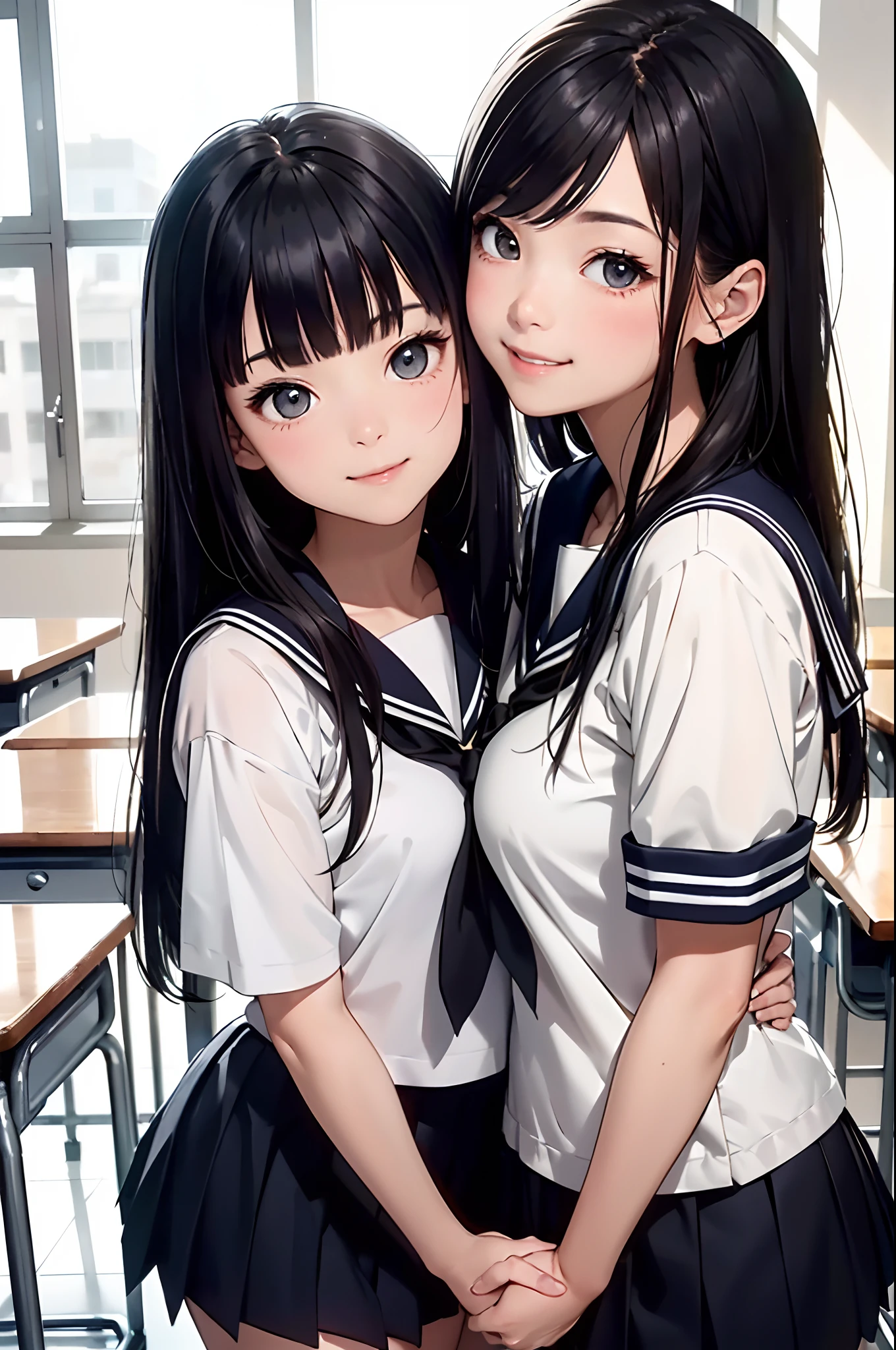 highest quality、cinematic lighting、school classroom、brown skin、black skin、Two girls in sailor suits、Girls hugging each other、(Photo 1 seen from below:1)、