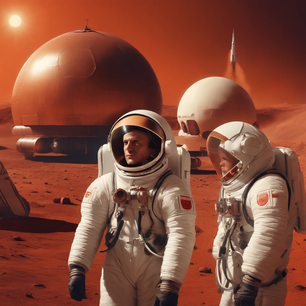 Soviet space mission on Mars, cosmonauts in the foreground and a rocket base in the aesthetic background of the 90s