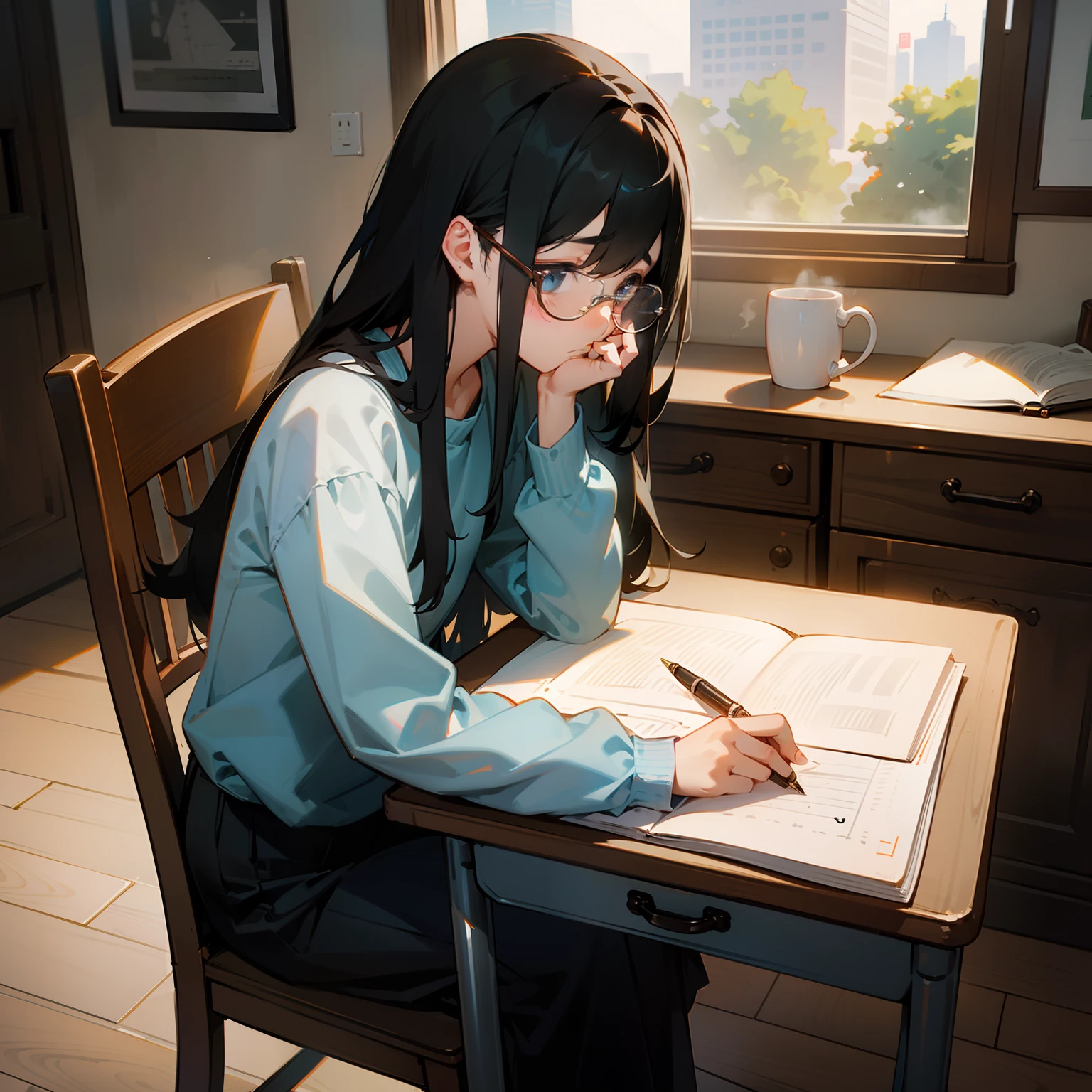 Cute room、One girl studying(sit a chair)、Masturbation、desk work(I have a notebook)、eye glass、Long Black Hair、Mug on desk(Steaming)、Thinking Face、Write notes with a pen