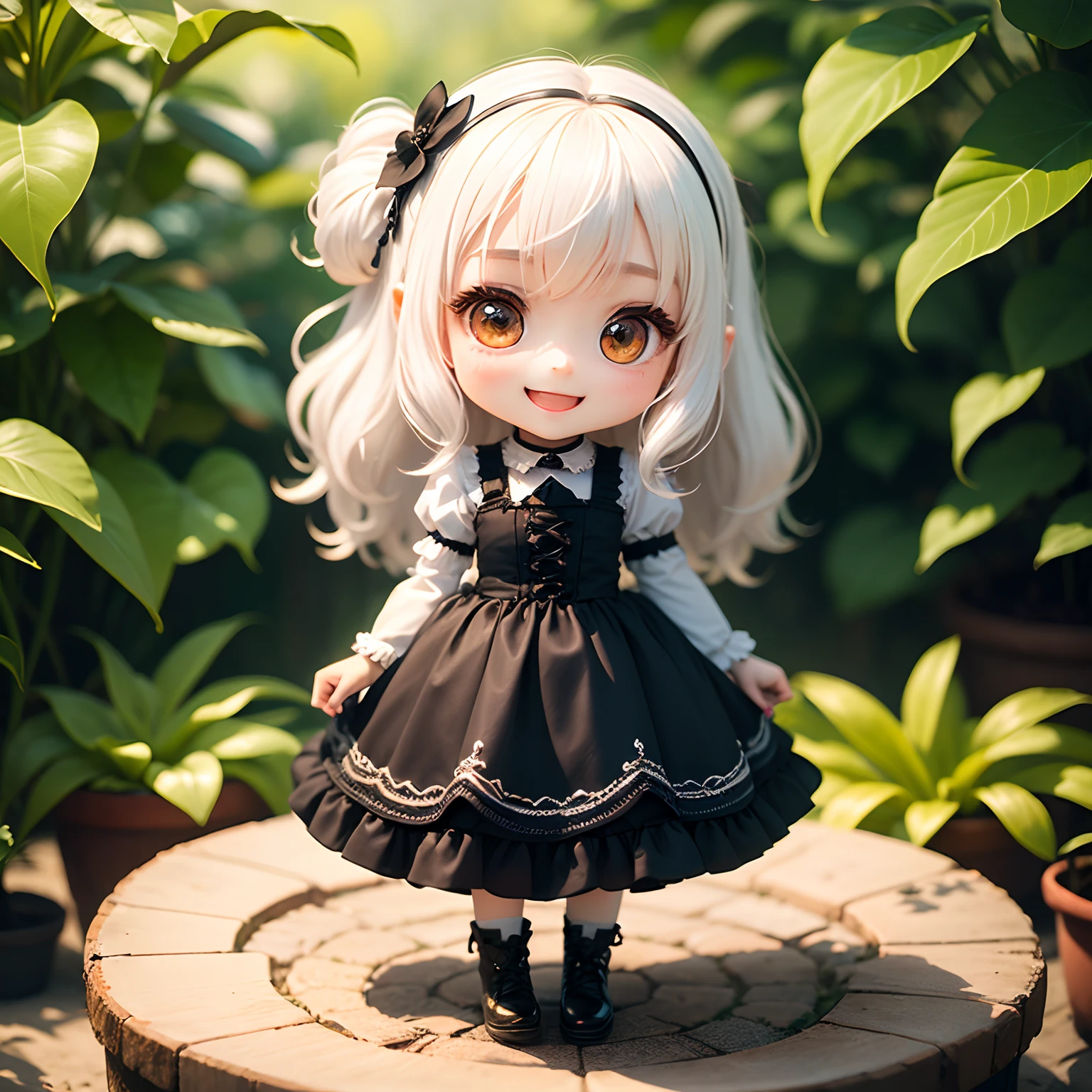 ​masterpiece、top-quality、ultra-detailliert、(Chibi Chara's Daughter:1.2)、gothic cosplay、white  hair、Open your mouth and smile、Holding a potted plant of luminescent plants in your hand、Standing、