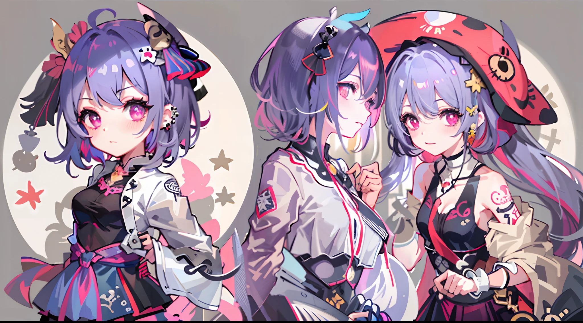 ​masterpiece, of the highest quality, Highly detailed,The best shading、three sided view、
Beautiful anime face and eyes, cowboy  shot, Standing, Good posture, Right hand on hip, The left hand draws a circle、Hold up your little finger、Glowing skin, ear piercings,Shorthair,Side tail、Hair that hides the eyes、Cool Face、Petite、a pirate、Hanging、
Light blue hair color,Purple inner hair color, Hairpin, (agitation:0.8)、(A big smile:0.9)、red blush,Multicolor eye color、Hanging、normal hands, Colossal ????, Ring-shaped bangle on left hand, Choker,hair pin、
leather jackets、Tube Top Shirt、hotpants、Stockings、Navel、Umbilical piercing、The tattoo、clothes shiny、Ring overhead、
Night, fullmoon, starrysky、Scattered light particles, Blurry background image,