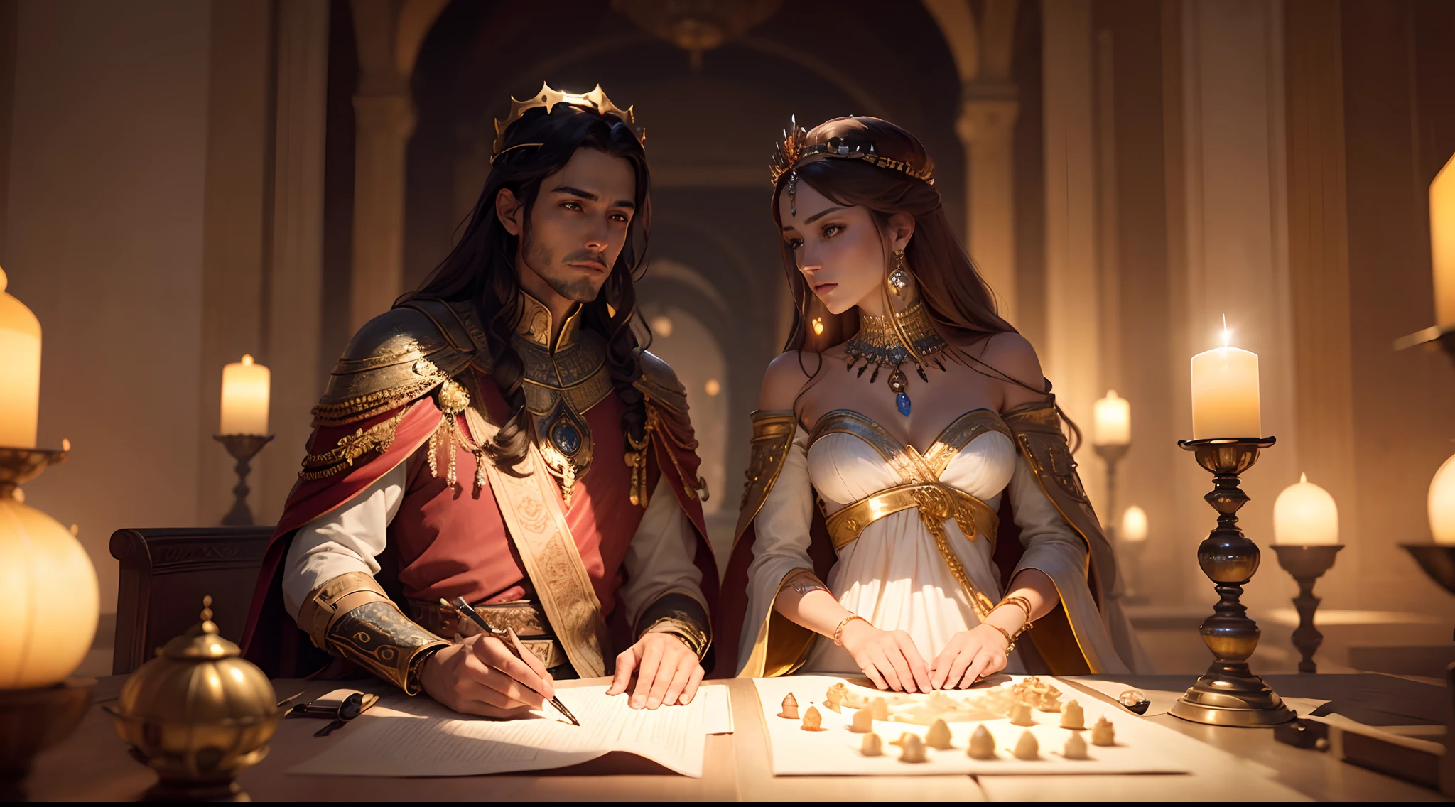 King Solomon Talking to other man, 8k, brown eyes, dressed in white and red tonic, ((with a king's crown on his head with 12 precious stones of different colors)), intricate, elegant, highly detailed, majestic, digital photography, art by artgerm and ruan jia and greg rutkowski surreal painting, background an interior of a super detailed palace (masterpiece, Side lighting, beautiful finely detailed eyes: 1.2), HDR