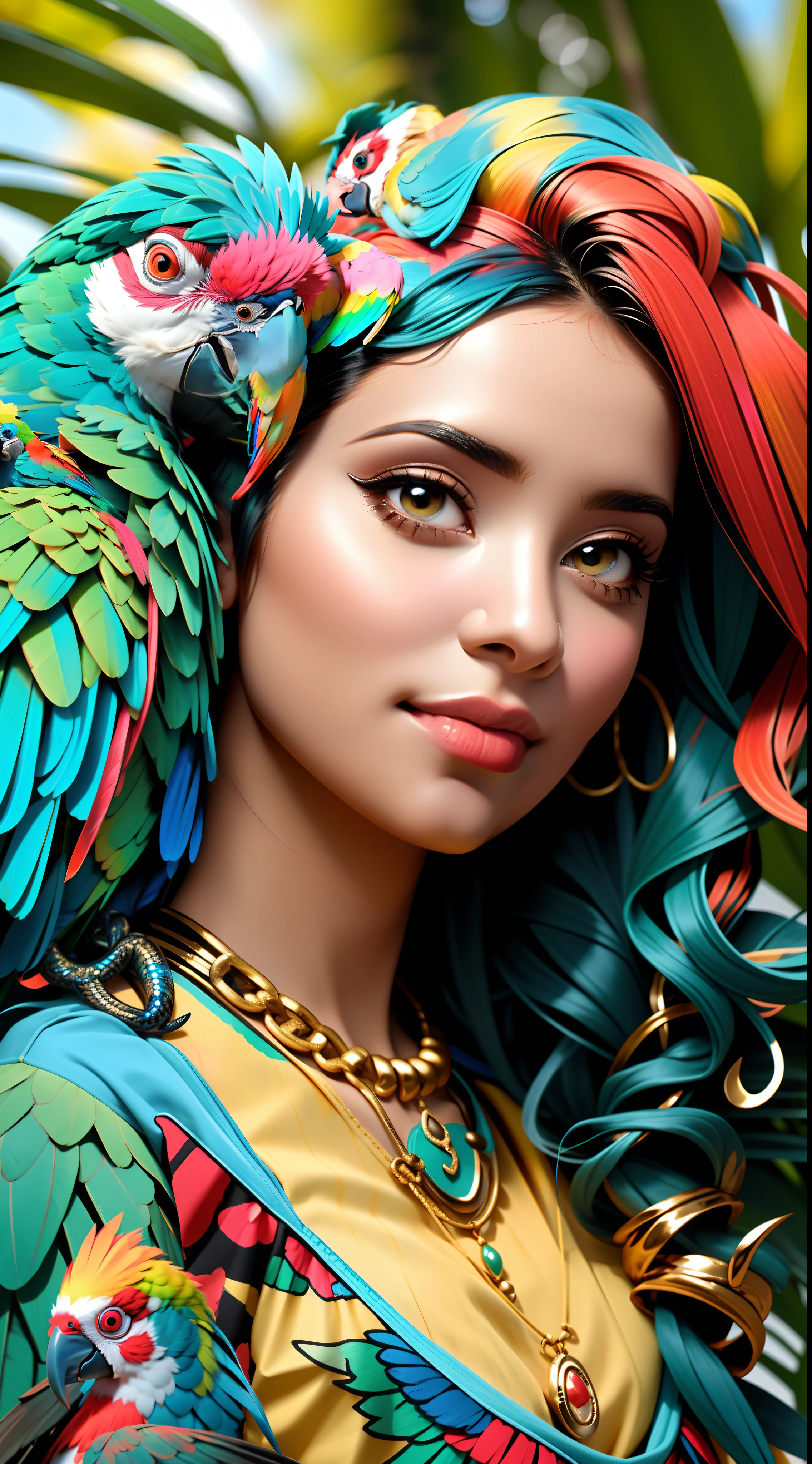mulher arafed com cabelos ruivos e papagaio em seu ombro, with beautiful exotic, com um papagaio grande, colorido bonito, com um papagaio no ombro, bonito e colorido, Mulher mexicana bonita, mulher linda, Festival de Cores Ricas, foto colorida, menina com penas, parrot on head, estilo tropical, aves tropicais, com cores lindas, fotografia colorida profissional, gorgeous female