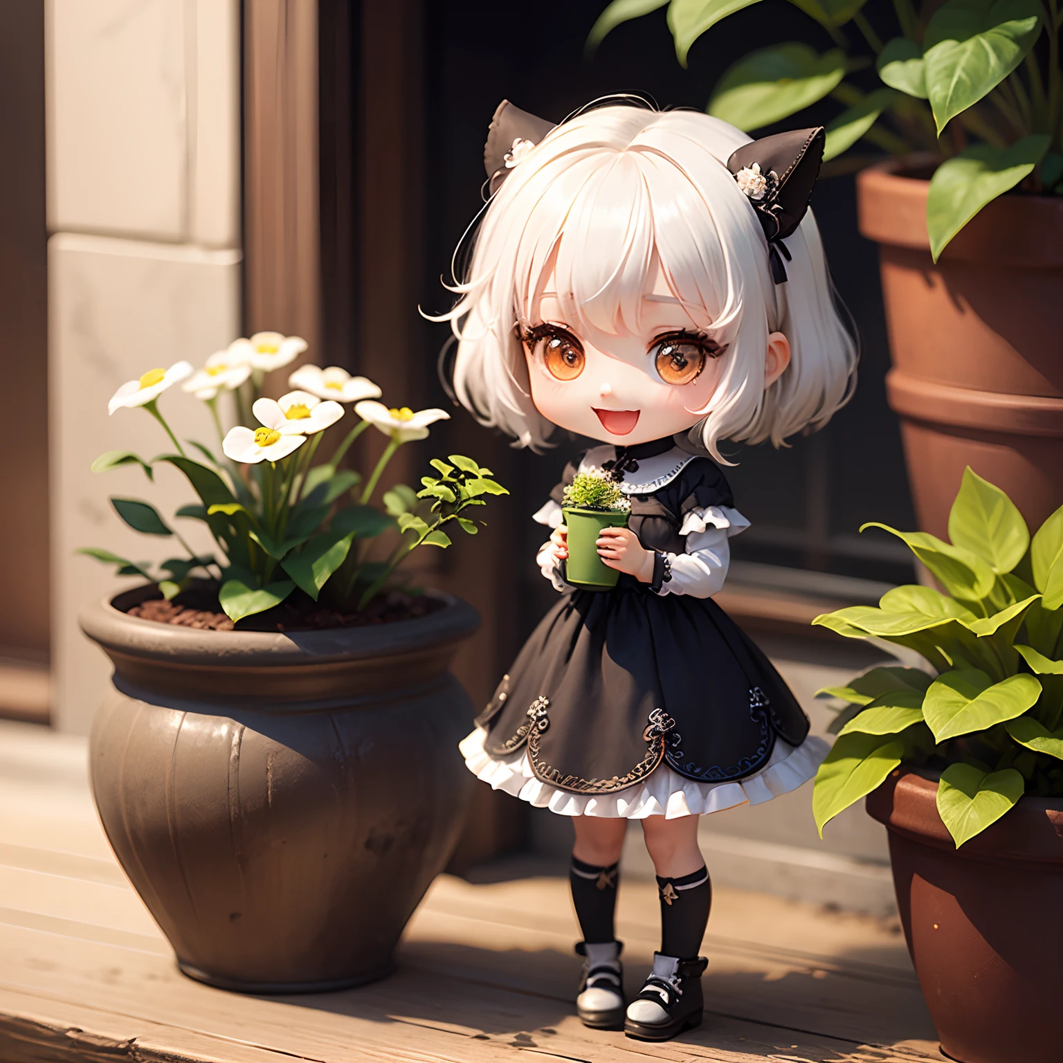 masterpiece、top-quality、ultra-detailliert、(Chibi Chara's Daughter:1.2)、gothic cosplay、white hair、Open your mouth and smile、Holding a potted plant of electroluminescent plant in hand、Standing、