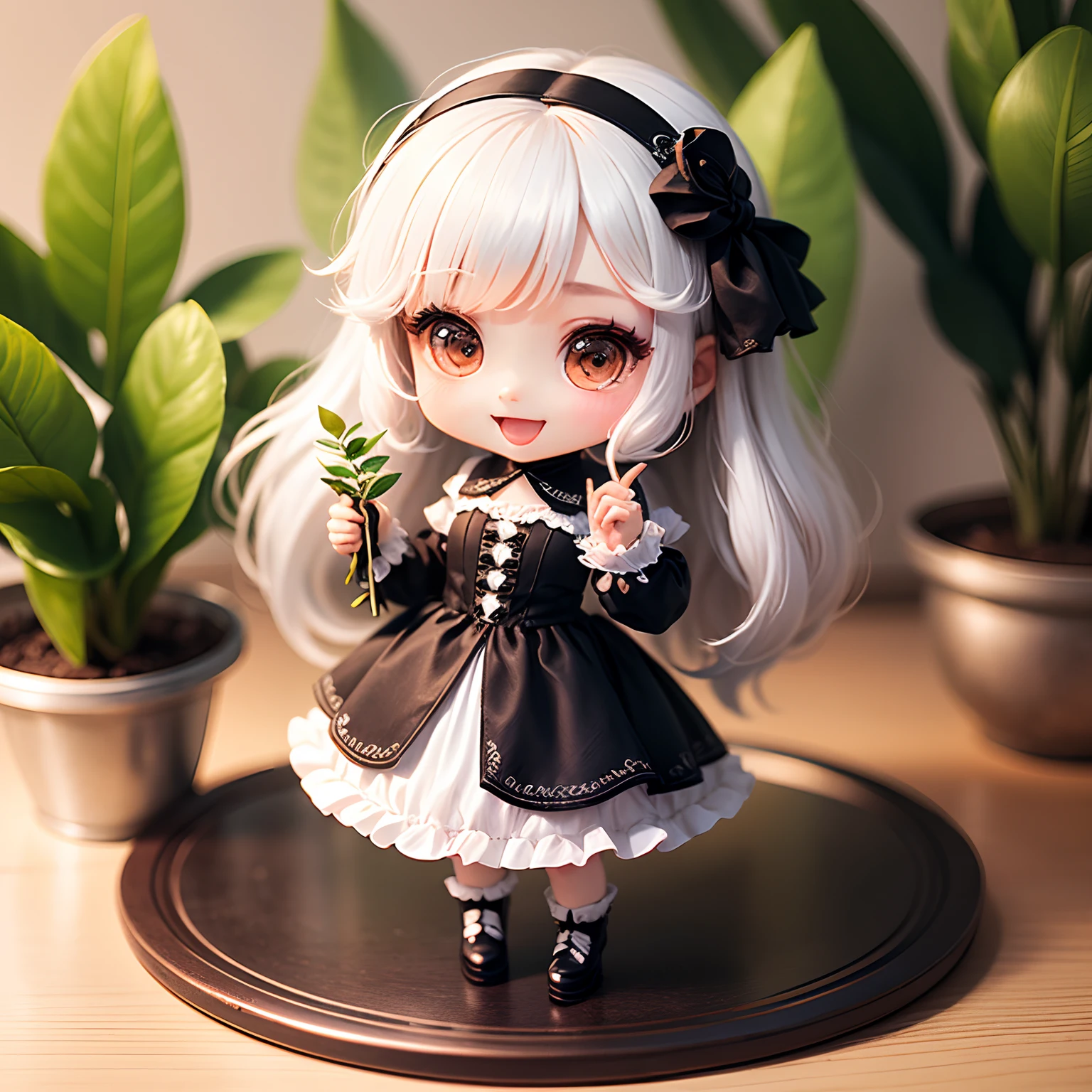 masterpiece、top-quality、ultra-detailliert、(Chibi Chara's Daughter:1.2)、gothic cosplay、white hair、Open your mouth and smile、Holding a potted plant of electroluminescent plant in hand、Standing、