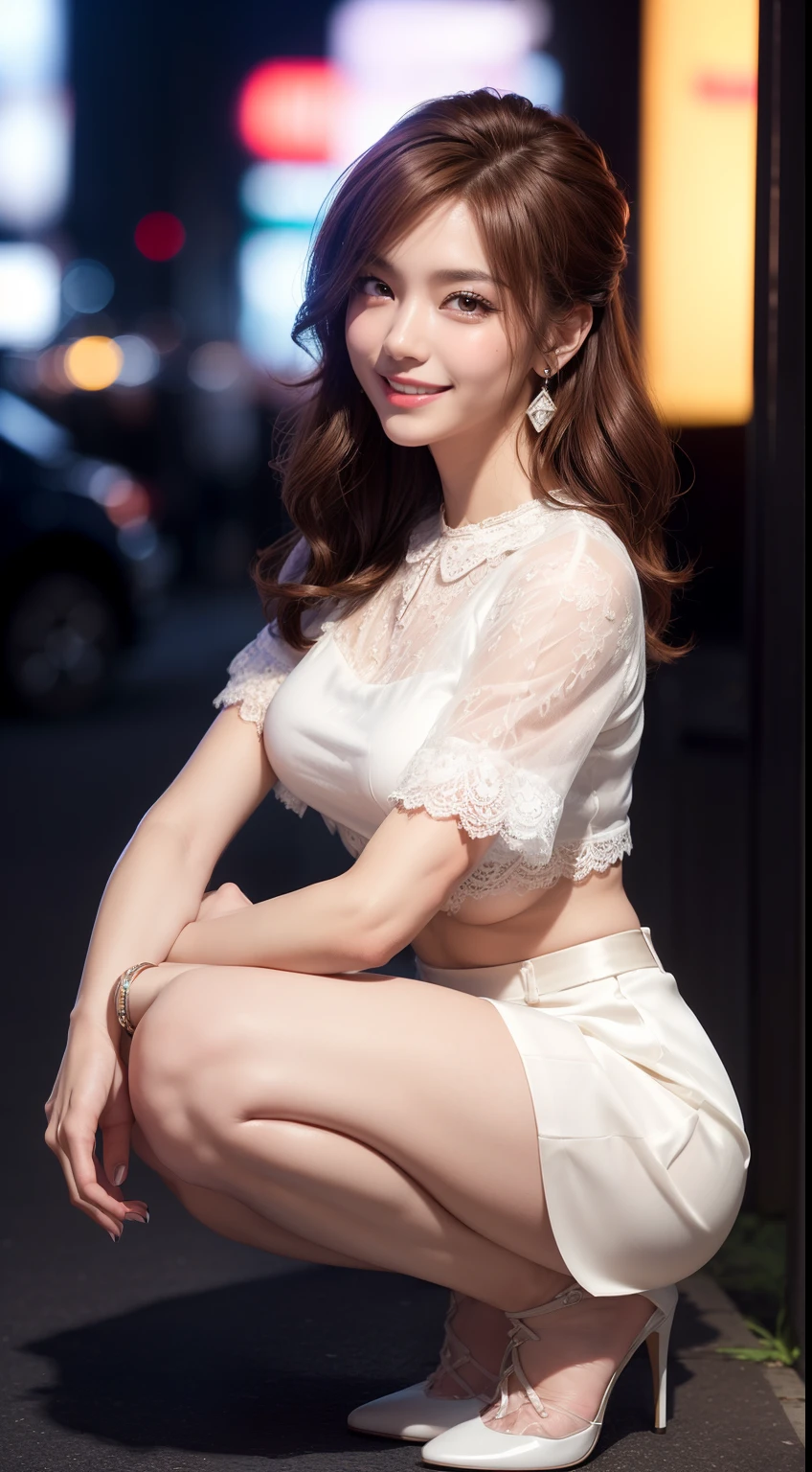 high-heels,huge smile,Woman squatting,fold hand with,facing front,Woman squatting,8K, masutepiece, Raw photo, Best Quality, Photorealistic, Highly detailed CG Unity 8k wallpaper, depth of fields, Cinematic Light, Lens Flare, Ray tracing, (Extremely beautiful face, Beautiful lips, Beautiful eyes), intricate detail face, ((Ultra detailed skin)) 1girl in, In the Dark, deepshadow, cute asian girl, Idol, 1 girl, (Very slim and slender fit muscular body:1.3), ((Looking at Viewer)),(Big smile:1.3), ((Blouse with lace)), (Short sleeve) , (Big building at night, tree, (Blurred background) Cityscape, teto, Beautiful earrings, Clear eyes, (pale skin), (Big eyes), Face forward, (Brown hairs),((White skirt)), (Looking at Viewer:1.3), large full breasts, ((high-heels)), a dark night,Woman squatting,frontage,8K, masutepiece, Raw photo, Best Quality, Photorealistic, Highly detailed CG Unity 8k wallpaper, depth of fields, Cinematic Light, Lens Flare, Ray tracing, (Extremely beautiful face, Beautiful lips, Beautiful eyes), intricate detail face, ((Ultra detailed skin)) 1girl in, In the Dark, deepshadow, cute asian girl, Idol, 1 girl, (Very slim and slender fit muscular body:1.3), ((Looking at Viewer)),(Big smile:1.3), (tight lace blouse), ((White collar blouse)), (Short sleeve) , (City Night, a dark night, (Neon sign), (Blurred background), dim lights, Cityscape, teto, Beautiful earrings, Bracelets, Necklace, pantyhose, Clear eyes, (pale skin), (Big eyes), Face forward, ((upperbody shot)), (Silk Red Color Skirt), (Brown hairs),((Lace skirt)), (Looking at Viewer:1.3),  large full breasts,((Laced ups and downs)), updo hair, long  skirt, Short hair, fold hand with
