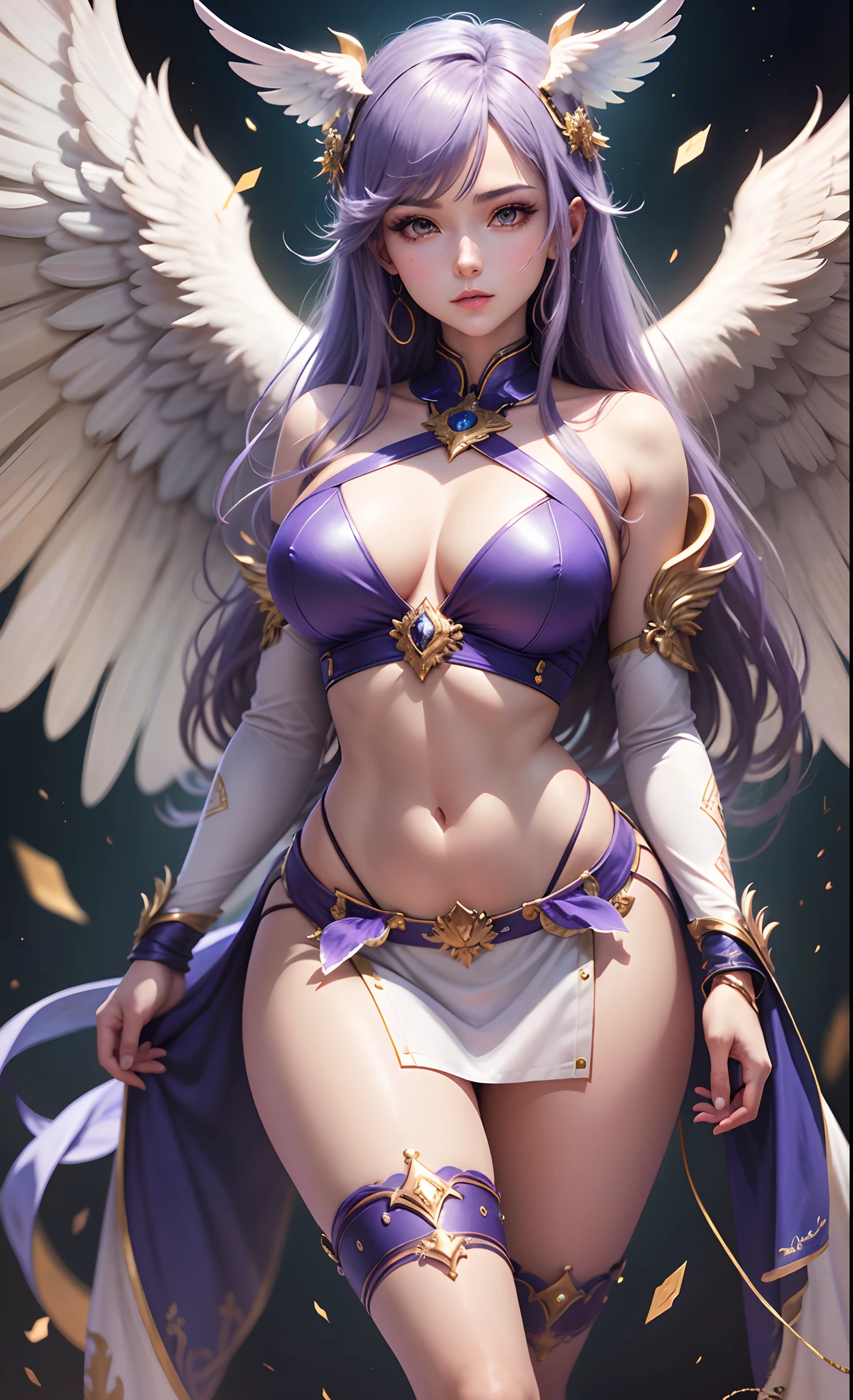 Anime - imagem de estilo de uma mulher com cabelo roxo e asas, menina do cavaleiro do anjo, Anjo majestoso de corpo inteiro, as a mystical valkyrie, fanart requintada altamente detalhada, knights of zodiac girl, cushart krenz arte chave feminina, menina do anjo, tall female angel, deusa anime, fanart detalhado, full body commission for, anjo baixo, angelic, menina bonita do anjo do ciborgue, anjo sexy com lingerie, seios e mamas perfeito a mostra, foto anime, hentai