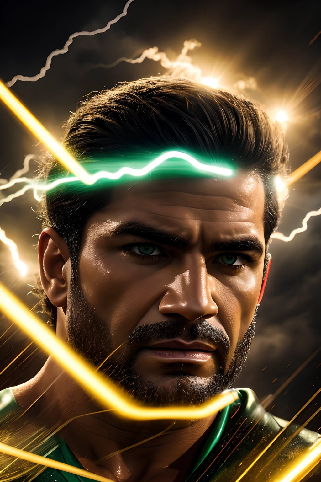 [The Brazilian Lightning], Masculino, [Pintura Digital], [Estilo Realista], [Ricardo Realismo], [DeviantArt], [Detailed resolution to portray impressive speed], [Paleta de cores brasileiras], [High-speed lighting], [Lente de close-up para mostrar o rosto concentrado]