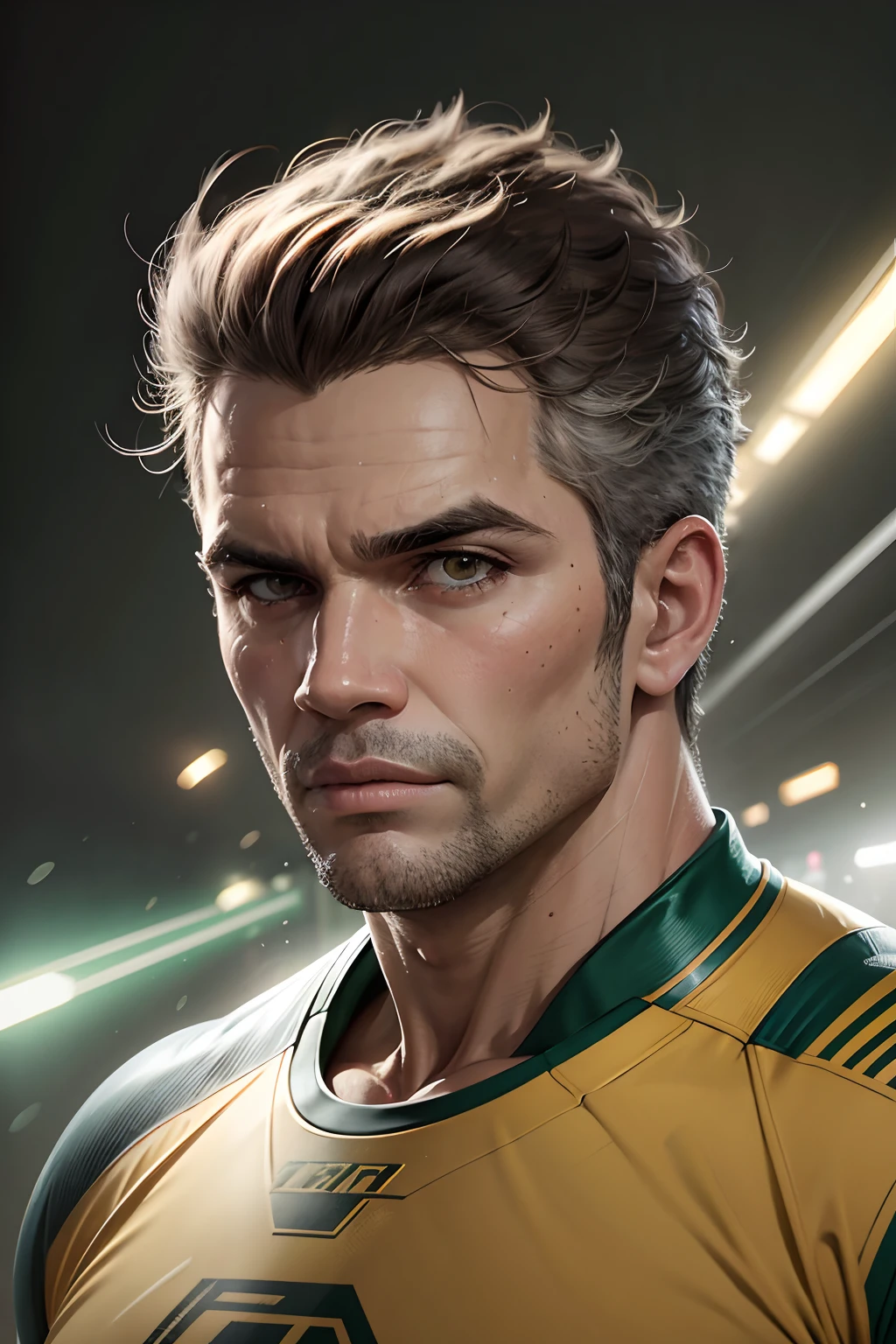 [The Brazilian Lightning], masculino, [Pintura digital], [Estilo realista], [Ricardo Realismo], [deviantart], [Detailed resolution to portray impressive speed], [Paleta de cores brasileiras], [High-speed lighting], [Lente de close-up para mostrar o rosto concentrado]