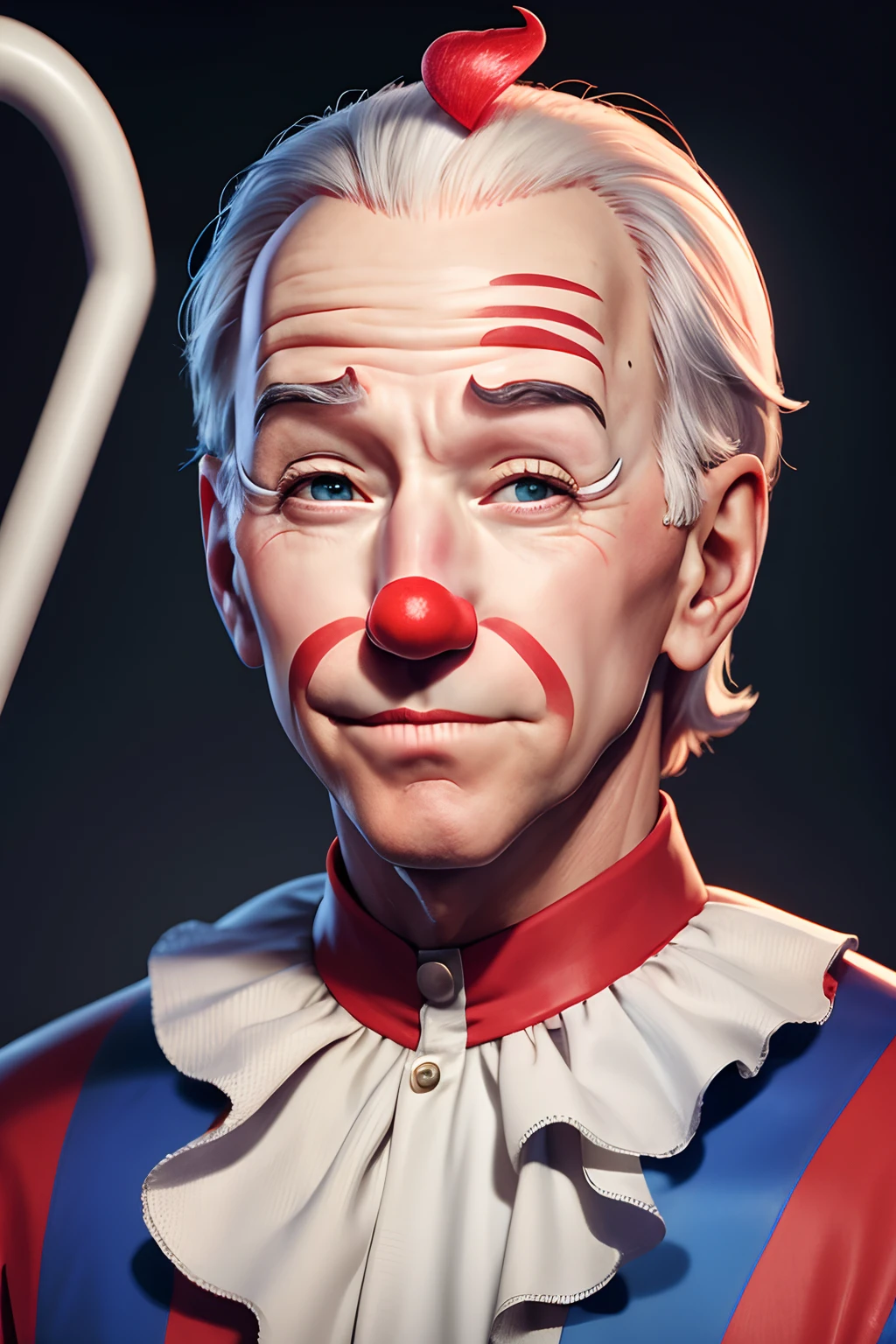 a close up of Joe Biden as a clown behind bars