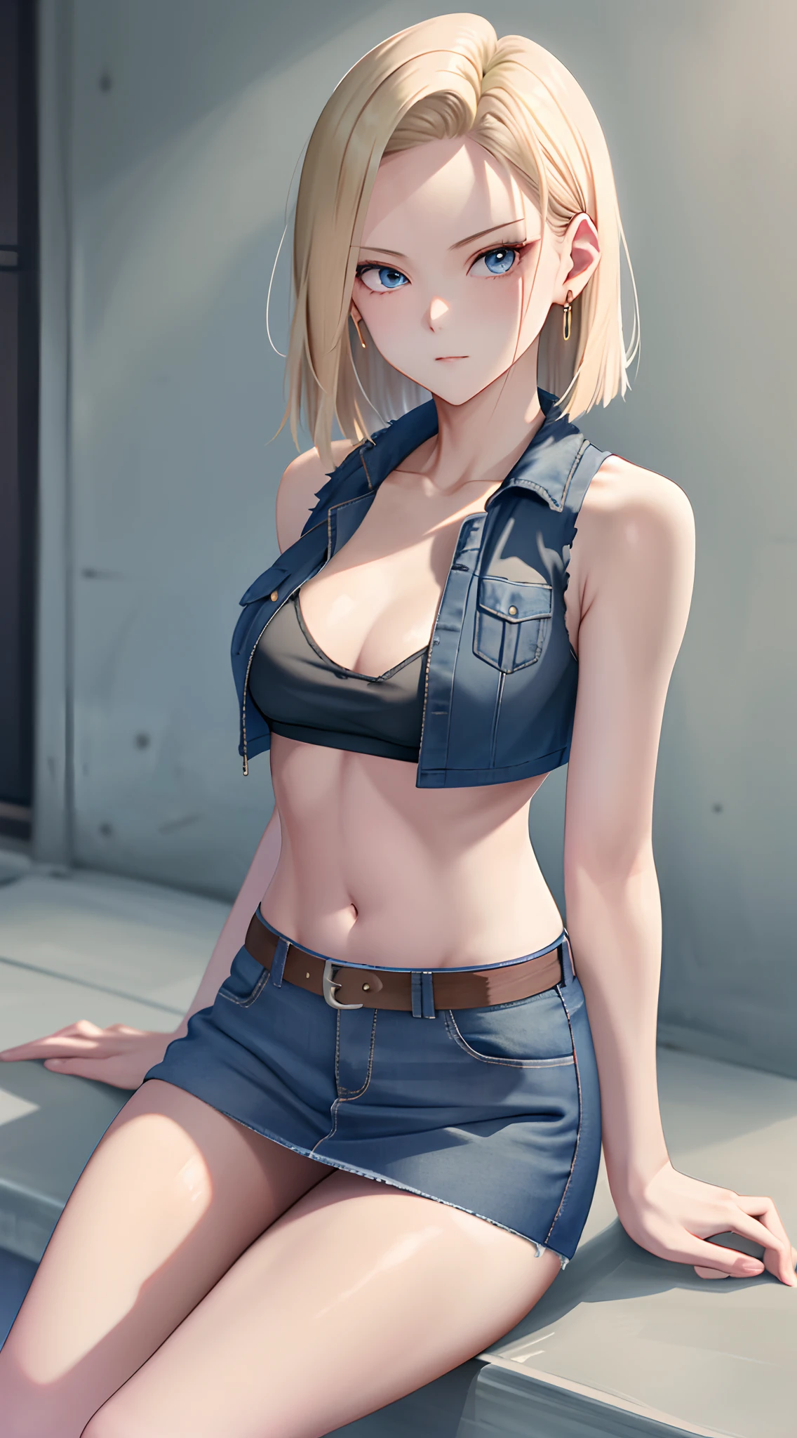 top-quality, hight resolution, 18 with, 1girl in, Android 18, 独奏, blonde  hair, e Blue Eyes, short detailed hair, 耳Nipple Ring, jewely, Denim Vest, open vest,Sitting on a high chest、Knees upright and legs open、Condescending on you、You can see white panties on the knees, Black shirt, Denim Mini Skirt,Sleeveless、Beautiful facial features、Right foot posture、I could see the white panties....、Beautiful navel、beautiful thigh、 blueskirt, medium breasts⁩, cowboy  shot, Street, cropped shoulders, No shoulder strap,