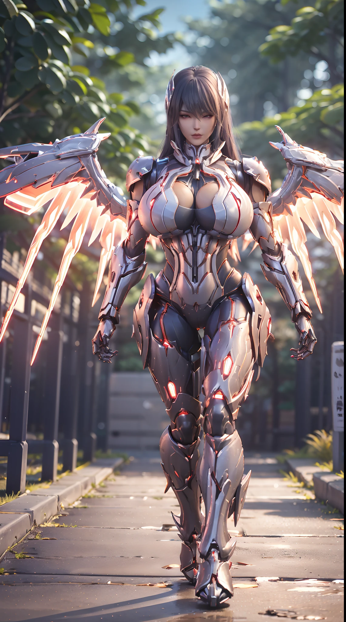 HUGE FAKE BOOBS, (BEAUTIFUL FACE), (RED:1.2, WHITE:0.9, MECHA ARMORED GEAR), ((A PAIR OF HUGE MECHANICAL WINGS)), FUTURISTIC MECHA SUIT, (CLEAVAGE), (SKINTIGHT YOGA PANTS), (FULL BODY:1), (TALL LEGS:1.2), FRONT, (STANDING:1.2), (SLENDER BODY), (MUSCLE ABS:1.3), UHD, 8K, 1080P.