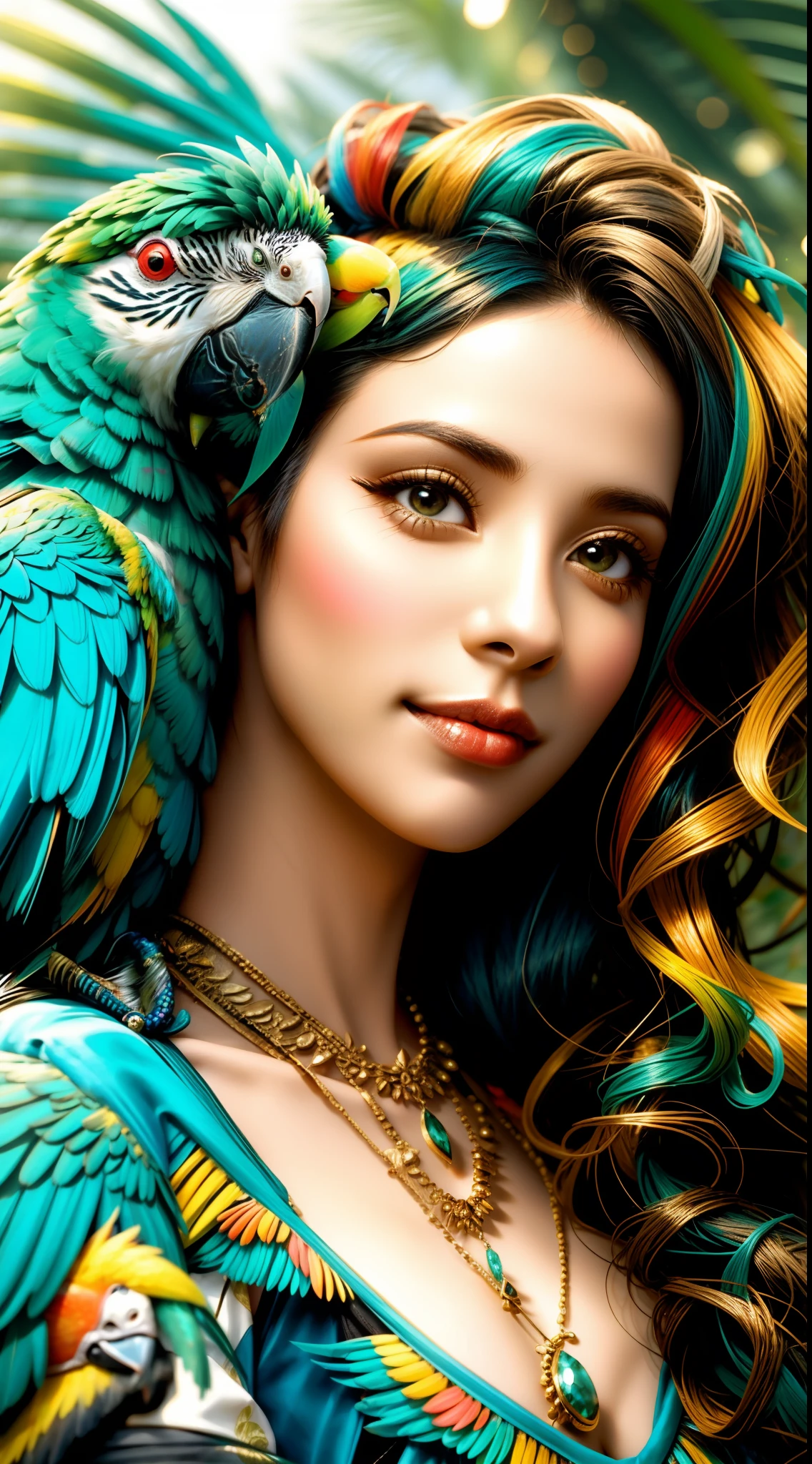 mulher arafed com cabelos ruivos e papagaio em seu ombro, with beautiful exotic, com um papagaio grande, colorido bonito, com um papagaio no ombro, bonito e colorido, Mulher mexicana bonita, mulher linda, Festival de Cores Ricas, foto colorida, menina com penas, parrot on head, estilo tropical, aves tropicais, com cores lindas, fotografia colorida profissional, gorgeous female