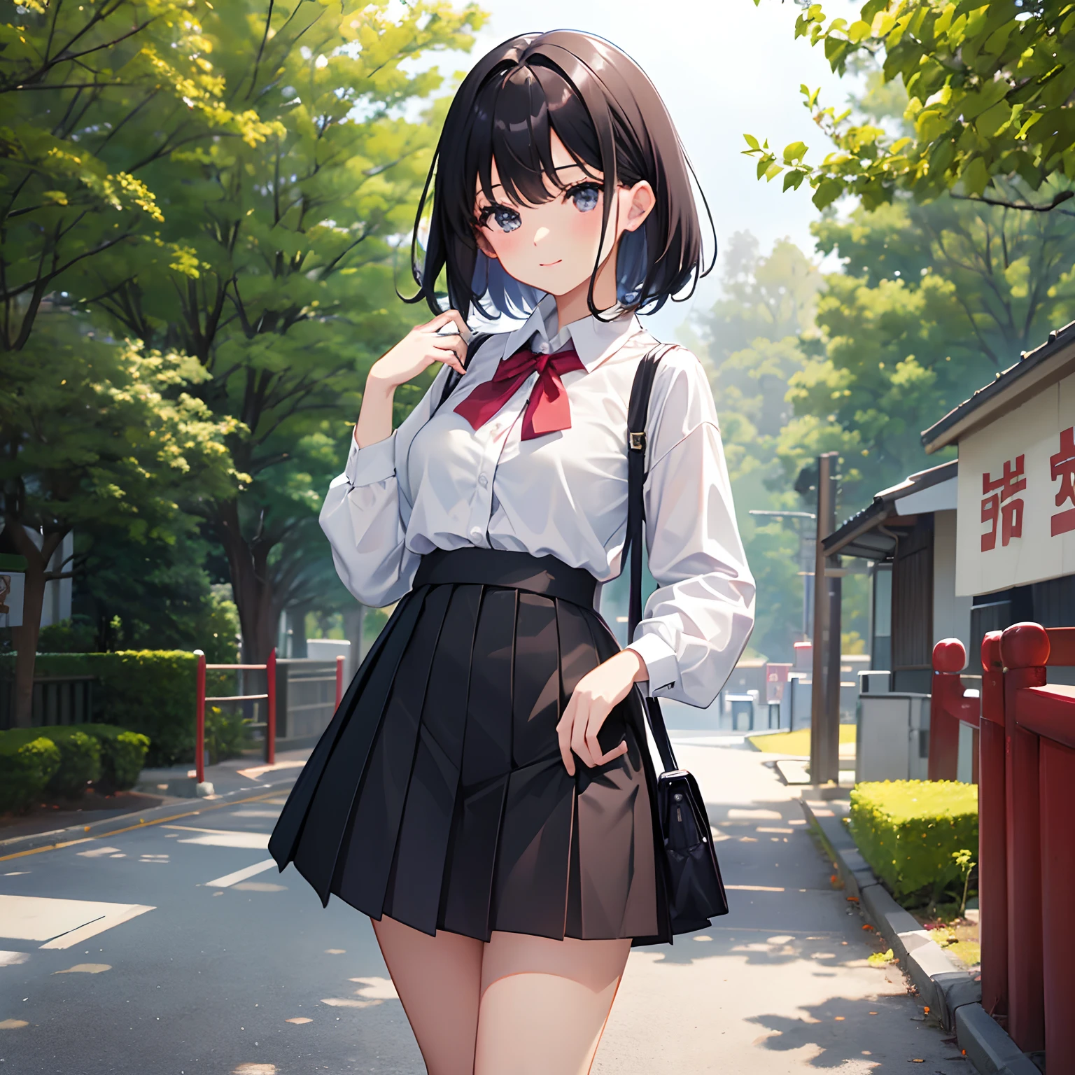 japanaese girl、1人, ( White collared shirt:1.3), Sleeveless, pleatedskirt、The upper part of the body_Body, Office, Medium hair , (High color saturation:1.0), (highlydetailed skin), (Best Quality:1.0), (超A high resolution:1.0) ,(photographrealistic:1.0), (ultra-detailliert:1.0), (8K, Raw photo:1.1), (Smile, Looking at Viewer:1),(nffsw:1.0)、Cute black-haired junior high school student