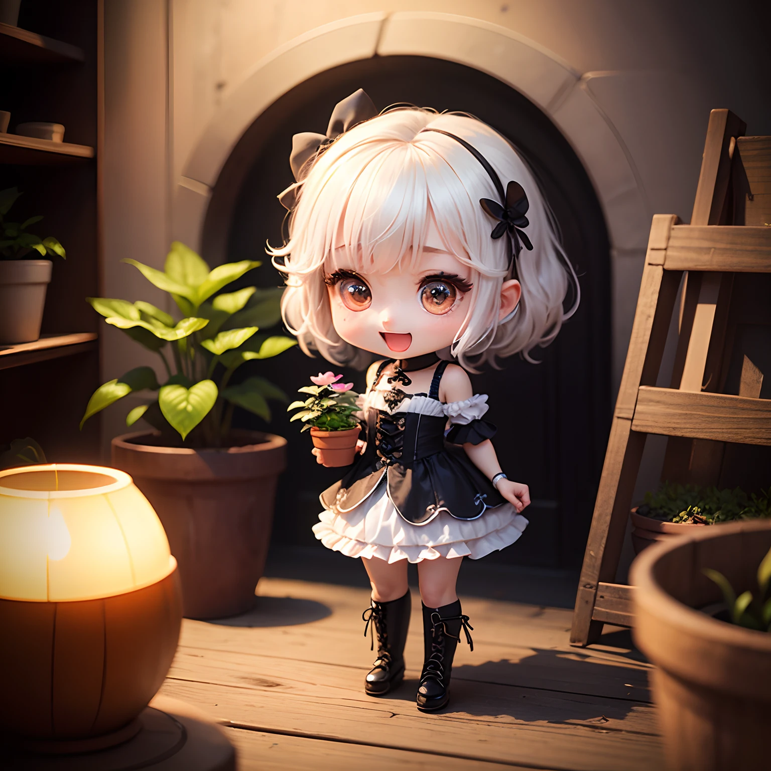 masterpiece、top-quality、ultra-detailliert、(Chibi Chara's Daughter:1.2)、gothic cosplay、white hair、Open your mouth and smile、Electric lighting plant potted plant in hand、Standing、