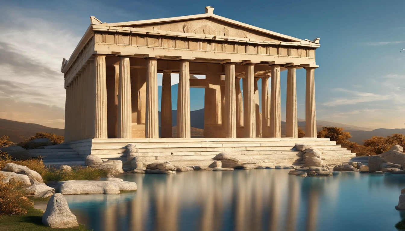 arafed view of a temple with a pool of water in front of it, a digital rendering by Jason Benjamin, shutterstock, neoclassicism, ancient greek temple, greek temple, ancient greek temple ruins, ancient greek ruins, ancient temple, greek architecture, ancient greek city, classical greece, greek temple background, ancient greece, ancient greek, greek fantasy landscape, greece