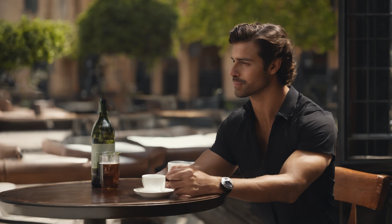 Jordan Berret model, male, dark skin, medium length hair, dark brown eyes, black Tshirt, formal brown pants, formal black shoes, enjoy a cup of coffee, outside of cafe, midday, pov 1:5, very realistic, realistic