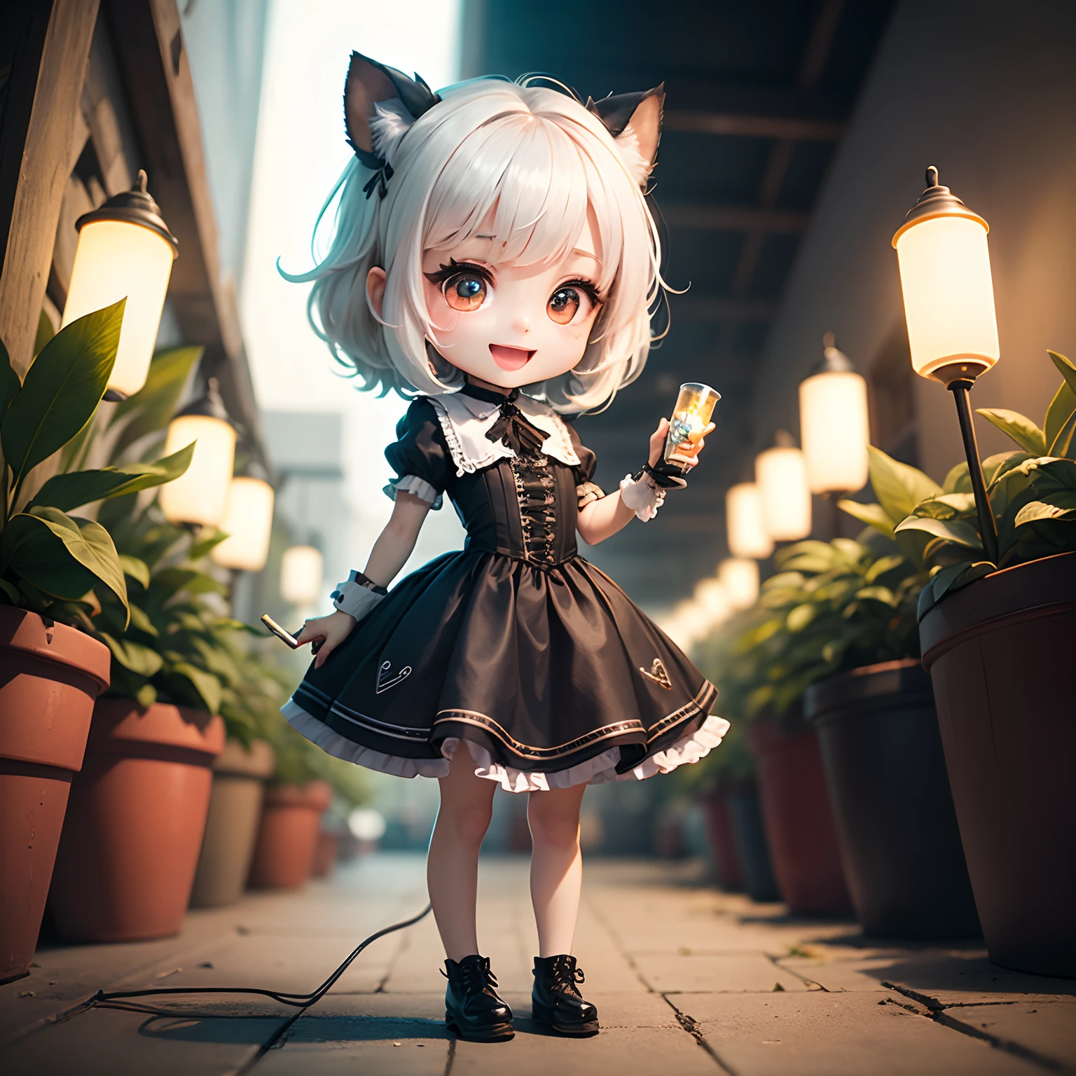 ​masterpiece、top-quality、ultra-detailliert、(Chibi Chara's Daughter:1.2)、gothic cosplay、white  hair、Open your mouth and smile、Holding an electric lighting plant in your hand、Standing、