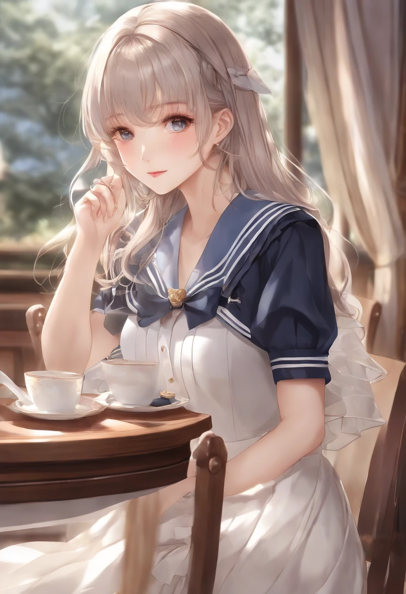 top-quality、​masterpiece:1.2)、(realisitic、Photorealsitic:1.37)、ultra-detailliert、a sailor suit、High school students、hi-school girl、 1 beauty、18year old、独奏、Beautiful detailed sky、Detailed Cafe、natta、sitting on、date、(blush of the nose)、(Qing々Smile:1.1)、(Mouth closed)、Soft udder、seducting smile、High school students、a sailor suit