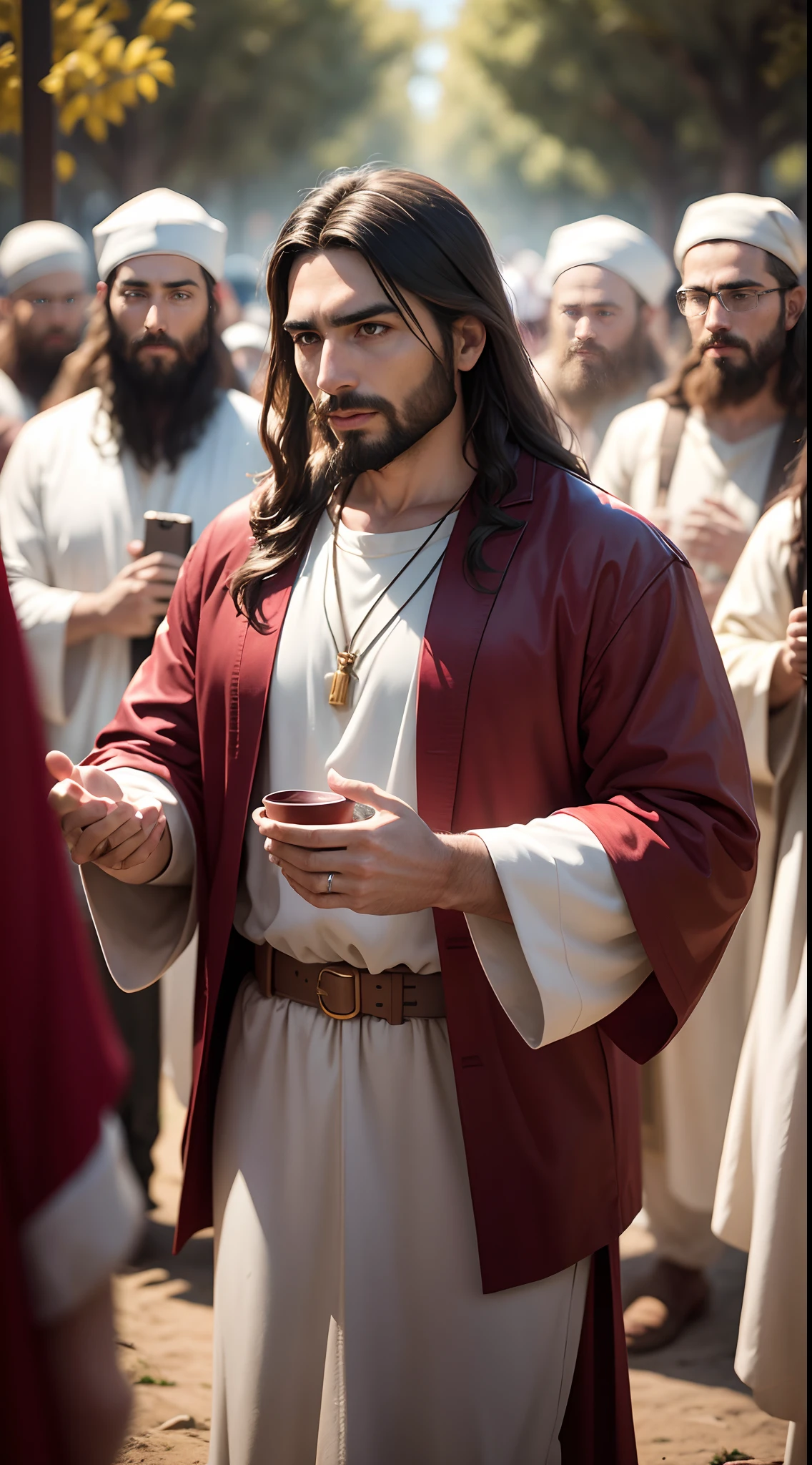 Modern Portrait of Jesus with the Disciples, Preaching the wise parables, pessoas ao redor de Jesus ouvindo suas palavras Santas, cinematic lighthing, profundidade de campo, Bokeh, Realismo, fotorrealista, hiper-realismo, fotografia profissional, UHD, DSLR, HDR --auto