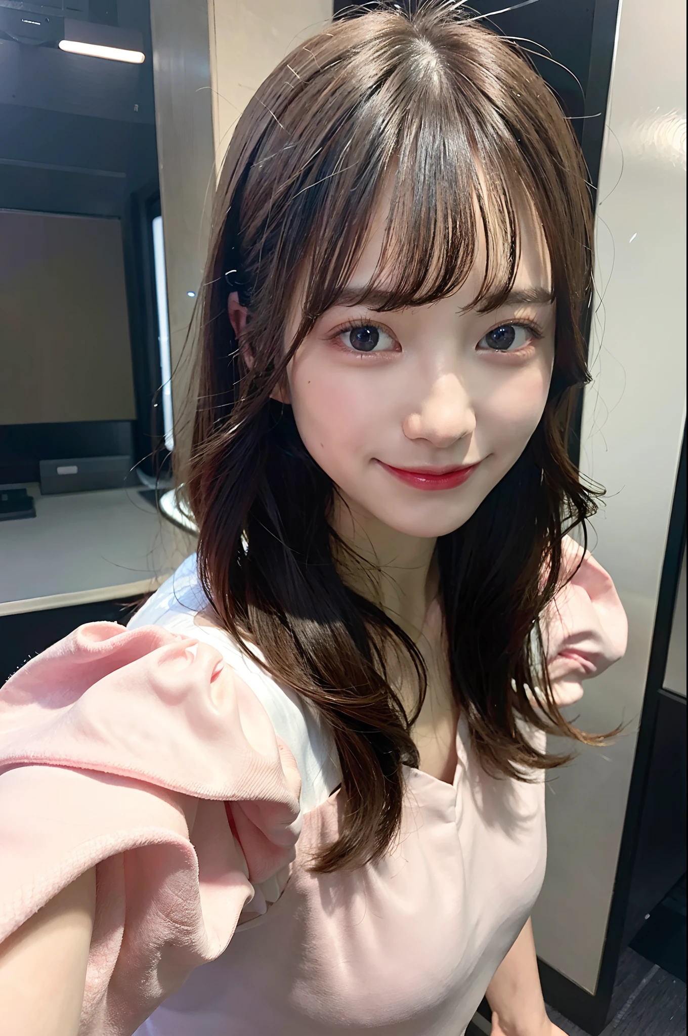 Medium Hair、Beautiful teenage woman with gentle and charming Japanese、、long sleeve cotton jersey clothes(black)、half body photo、Attractive plump face、二重まぶた、Smart tilted eyes、Pink lips、small upturned nose、tiny chest、Focused face、facial close-up、Ultra-high definition、Cotton Jersey Sweatshirt、Highly detailed and elegant appliqués、It features a loose and loose silhouette。(realisitic、Photorealsitic:1.4)、(masterpiece)、(top-quality:1.4)、(超A high resolution:1.2)、(Raw photography:1.2)、(foco nítido:1.3)、(Face Focus:1.2)、vibrant detail、hyper realisitic、(elegent)、Photo of a cute Japanese woman、Slimed、Slender West、From above、cowboy shot、(selfee)、 (Happy smiling face:1.35)、shinny skin、fair white skin、BREAK、bangss、beautiful finely detailed eyes、makeup、Look at viewers、(cute little)、(Soft lighting)、finely detail、