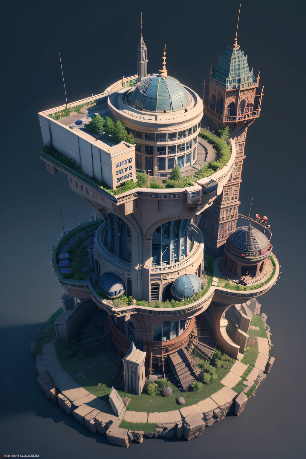 3d vray render, isometric, isometric scifi, tower shop near forest