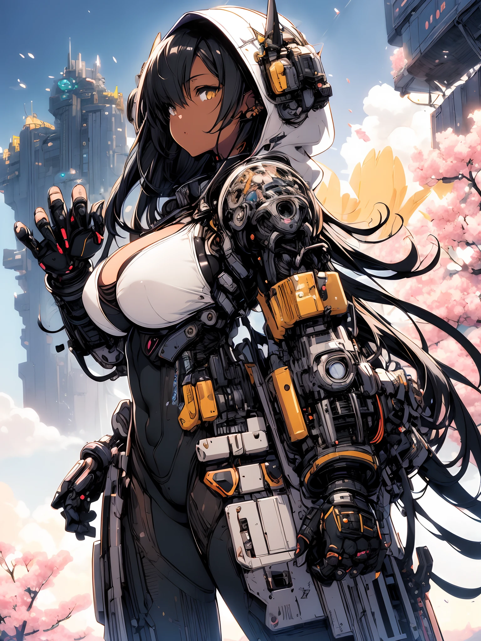 The most beautiful and sexy mecha warrior girl, black hair, yellow eyes, dark african skin, wearing a highly detailed futuristic hooded mecha battle armor, mechanical angel wings, huge enormously gigantic tits, cleavage showing, tons of tattoos and piercings, in hyper futuristic city metropolis, cherry blossoms blowing in the wind, highly detailed background, absurdres, highres, ultra detailed, (cute illustration:1.5), (cute,kawaii,sweet:1.2),
(1girl:1.4), bodysuit, cyborg girl,
hyper gigantic mechanical claws,dynamic pose, 
nice hands, perfect hands, incredibly cinematic, best quality, best resolution