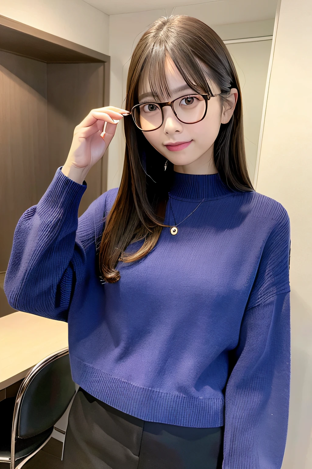 Woman with glasses、Long sleeve sweater、inside in room