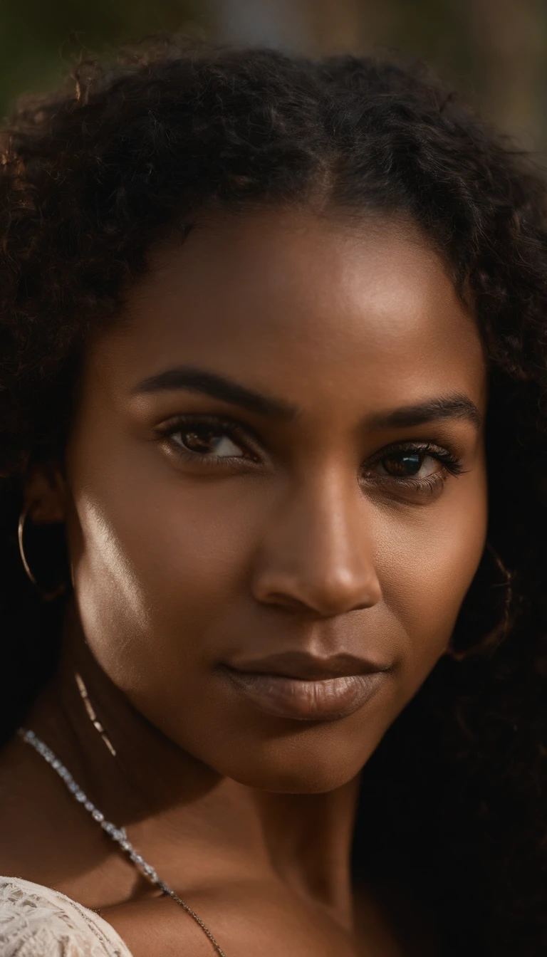 A Full body wide angel professional potrait of a beautiful papuan woman, clear and detailed eyes, with curly hair,wearing black tshirt, standing on the beautiful  beach at sunset, backlighting, fashion photography, centered, symmetrical, Canon RF 50mm f/1.2L Lens, by Tyler Mitchell