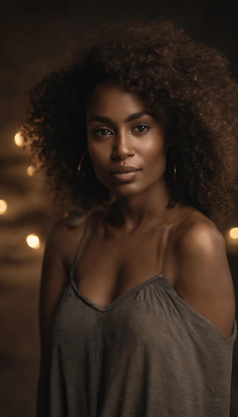 A Full body wide angel professional potrait of a beautiful papuan woman, clear and detailed eyes, with curly hair,wearing black tshirt, standing on the beautiful  beach at sunset, backlighting, fashion photography, centered, symmetrical, Canon RF 50mm f/1.2L Lens, by Tyler Mitchell