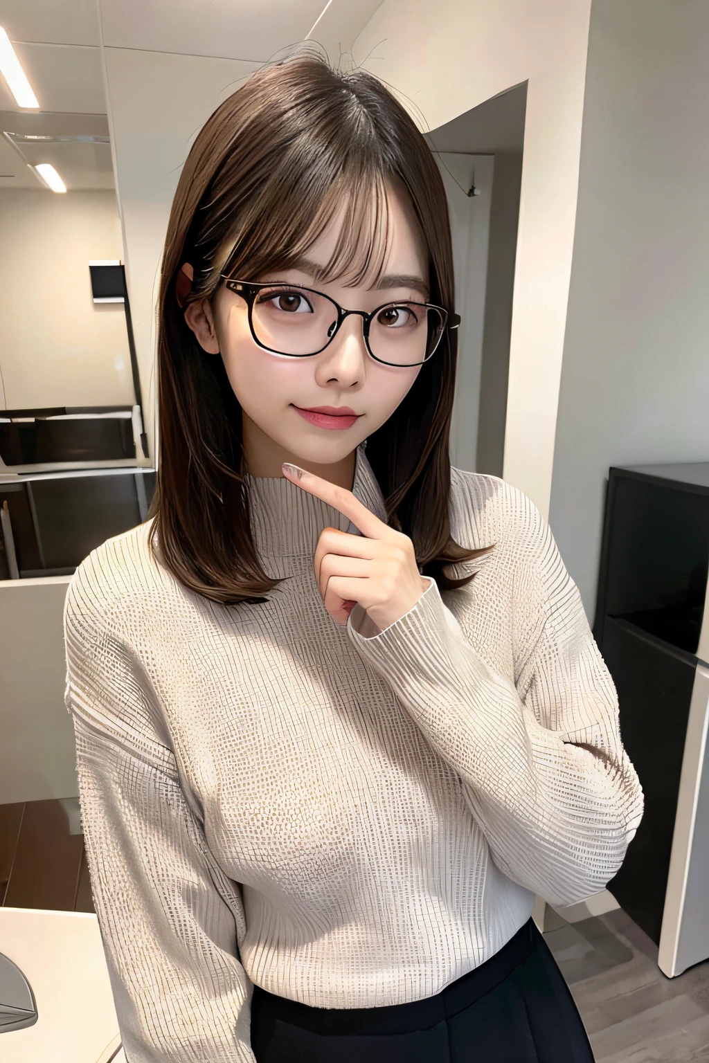 Woman with glasses、Long sleeve sweater、inside in room