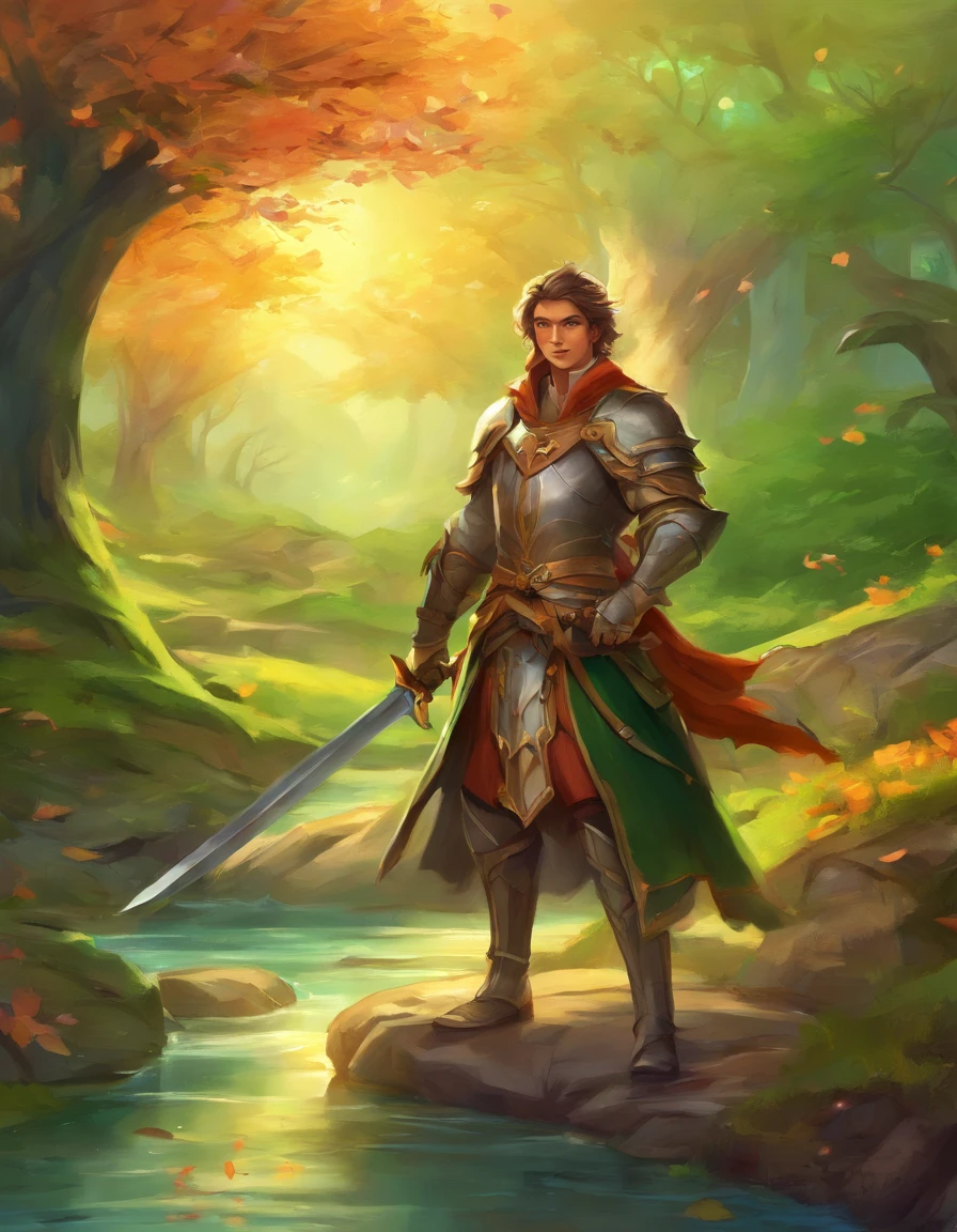 A young nobleman acting as an attendant to a knight, esquire overloaded with multiple weapons, backpack, canteen, and equipment following a hero along a road, armour-bearer, sidekick.
Medium: highly-detailed, hand-drawn illustrations
Additional Details: lush green landscape, vibrant flowers alongside the road, scattered fallen leaves, gentle sunlight filtering through the trees, subtle breeze, a small river flowing nearby
Image Quality: (best quality, 4K, highres, masterpiece:1.2), ultra-detailed, realistic:1.37
Art Style: fantasy, medieval
Color Palette: earthy tones with pops of green and gold
Lighting: warm, soft sunlight casting a gentle glow on the scene