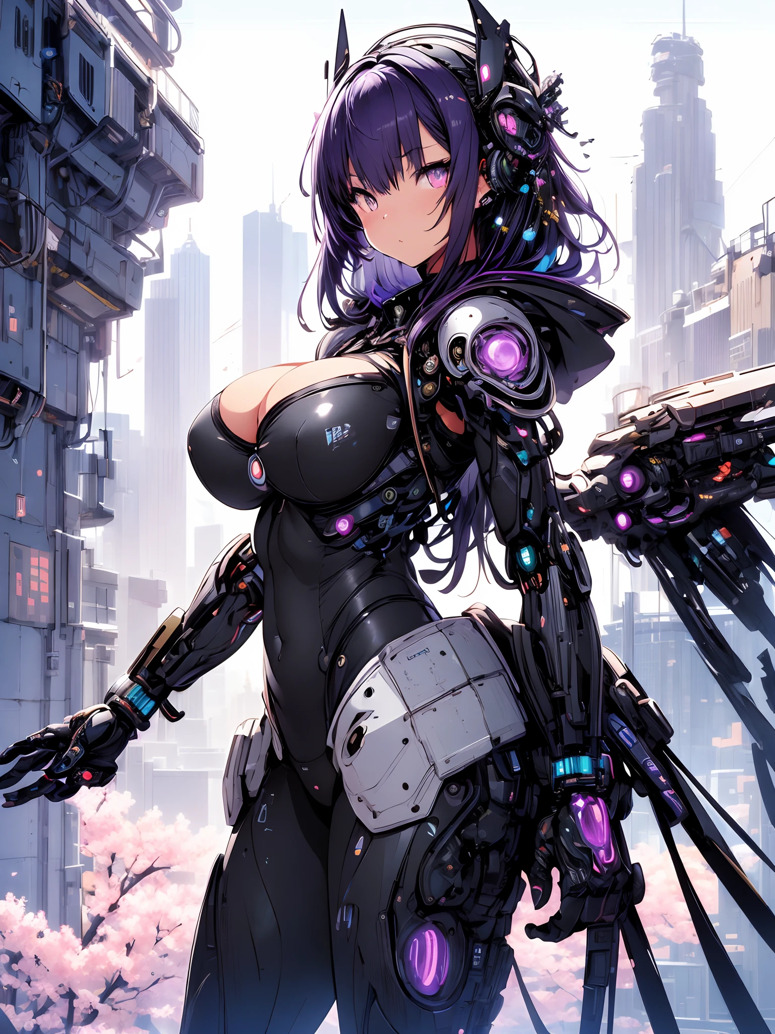 The most beautiful and sexy mecha warrior girl, purple hair, yellow eyes, wearing a highly detailed futuristic hooded mecha battle armor, mechanical angel wings, huge enormously gigantic tits, cleavage showing, tons of tattoos and piercings, in hyper futuristic city metropolis, cherry blossoms blowing in the wind, highly detailed background, absurdres, highres, ultra detailed, (cute illustration:1.5), (cute,kawaii,sweet:1.2),
(1girl:1.4), bodysuit, cyborg girl,
hyper gigantic mechanical hands,dynamic pose, facing the camera
nice hands, perfect hands, incredibly cinematic, best quality, best resolution