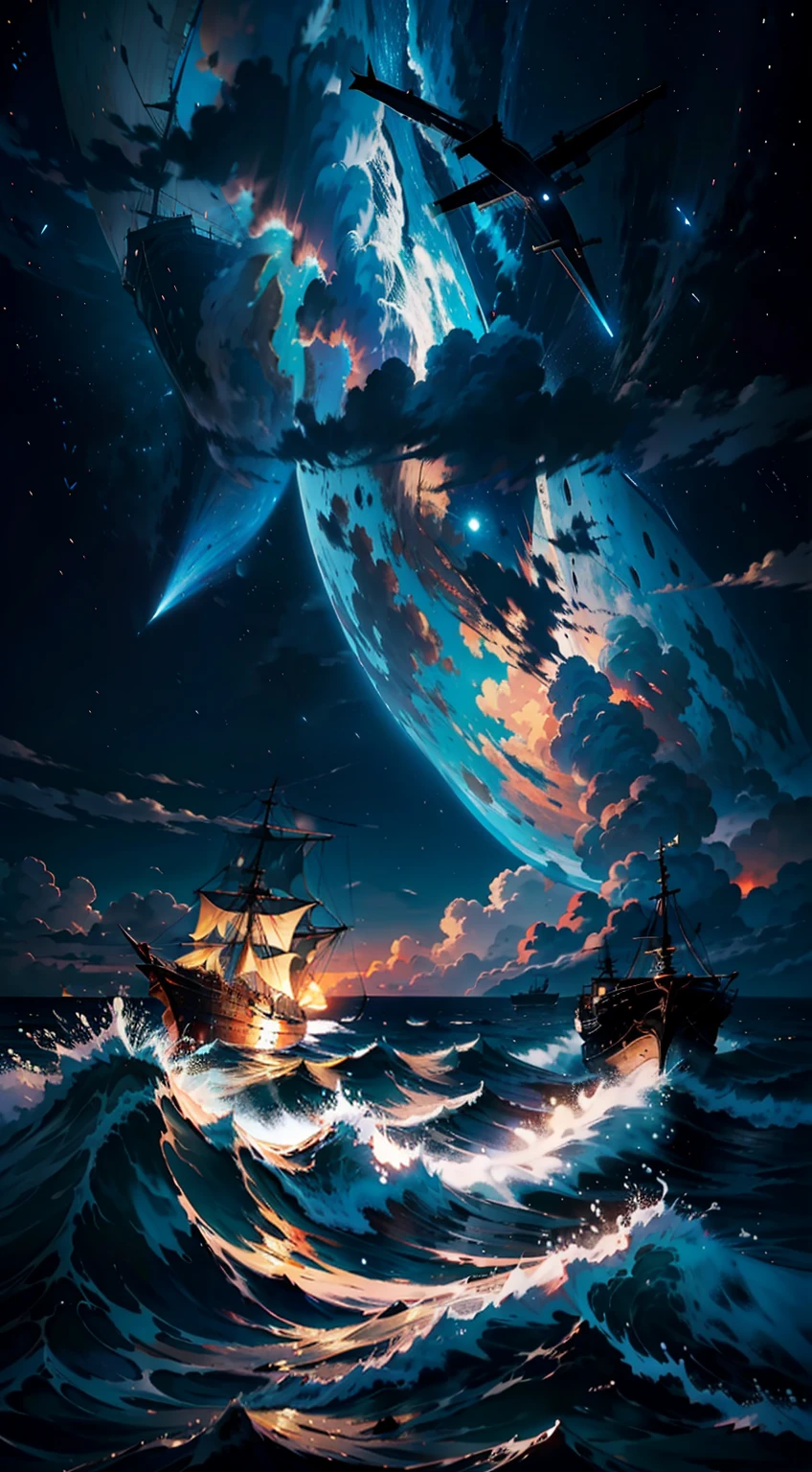 Keep the sky as the original image, on the right side of the image Large ancient ship in the foreground well detailed 4k going towards the sunset, com velas brancas, vento soprando as velas