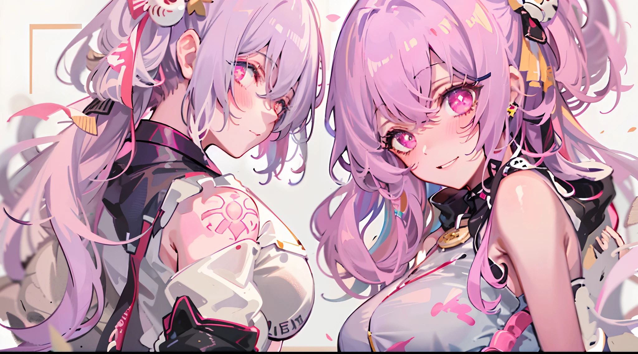 ​masterpiece, of the highest quality, Highly detailed,The best shading、three sided view、
Beautiful anime face and eyes, full body Esbian, Standing, Good posture, Right hand on hip, The left hand draws a circle、Hold up your little finger、Glowing skin, ear piercings,Shorthair,Side tail、Hair that hides the eyes、Cool Face、Petite、Hanging、
pale pink hair color,Purple inner hair color, Hairpin, (agitation:0.8)、(A big smile:0.9)、red blush,Multicolor eye color、Hanging、normal hands, Colossal tits, Ring-shaped bangle on left hand, Choker,hair pin、Thin ribbon、
leather jackets、Tube Top Shirt、hotpants、Stockings、Navel、Umbilical piercing、The tattoo、clothes shiny、Ring overhead、
Night, fullmoon, starrysky、Scattered light particles, Blurry background image,