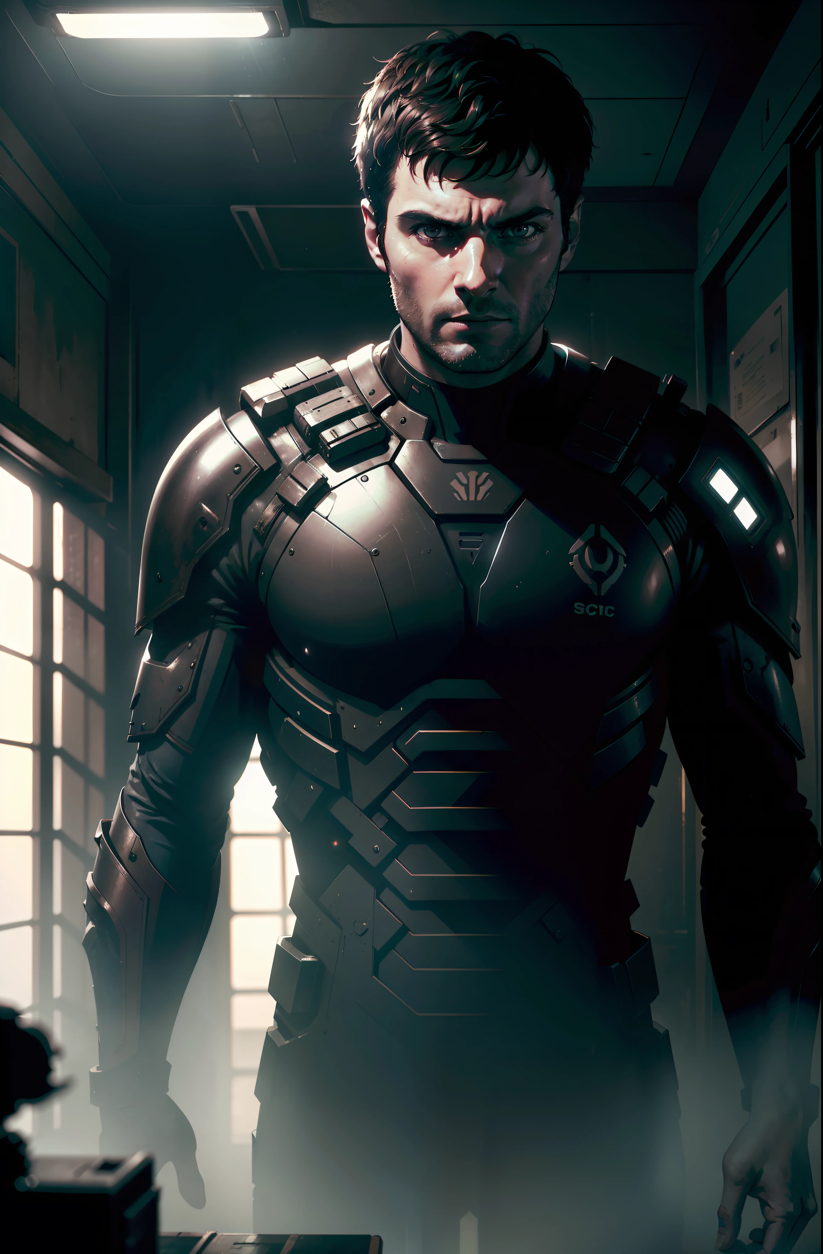 Sci Fi Horror Dead Space David Giuntoli on Ishimura Haunted Ship photography, natural light, photorealism, cinematic rendering, ray tracing, the highest quality, the highest detail, Cinematic, Third-Person View, Blur Effect, Long Exposure, 8K, Ultra-HD, Natural Lighting, Moody Lighting, Cinematic Lighting