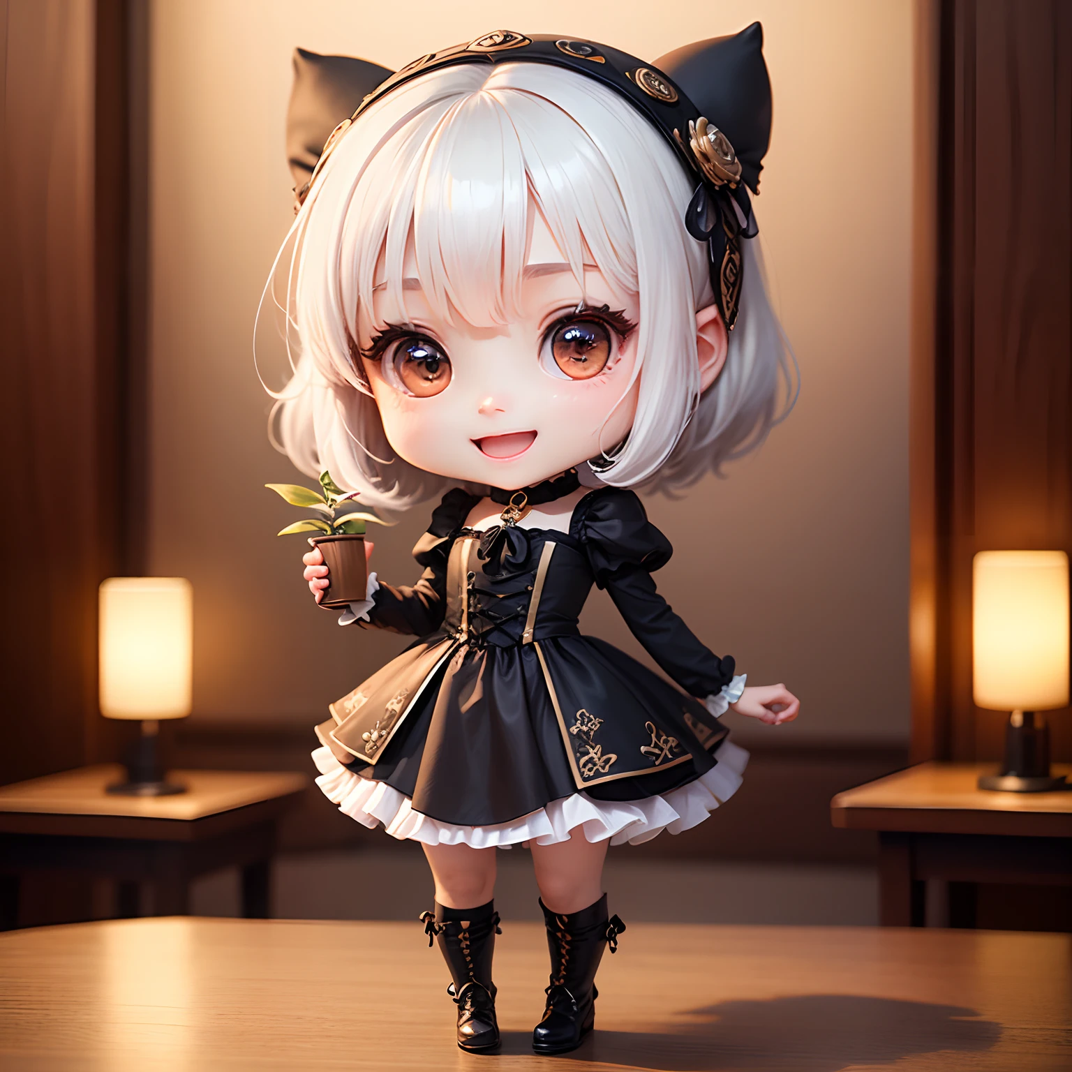 masterpiece、top-quality、ultra-detailliert、(Chibi Chara's Daughter:1.2)、gothic cosplay、white hair、Open your mouth and smile、Holding a luxury electric light plant in your hands、Standing、