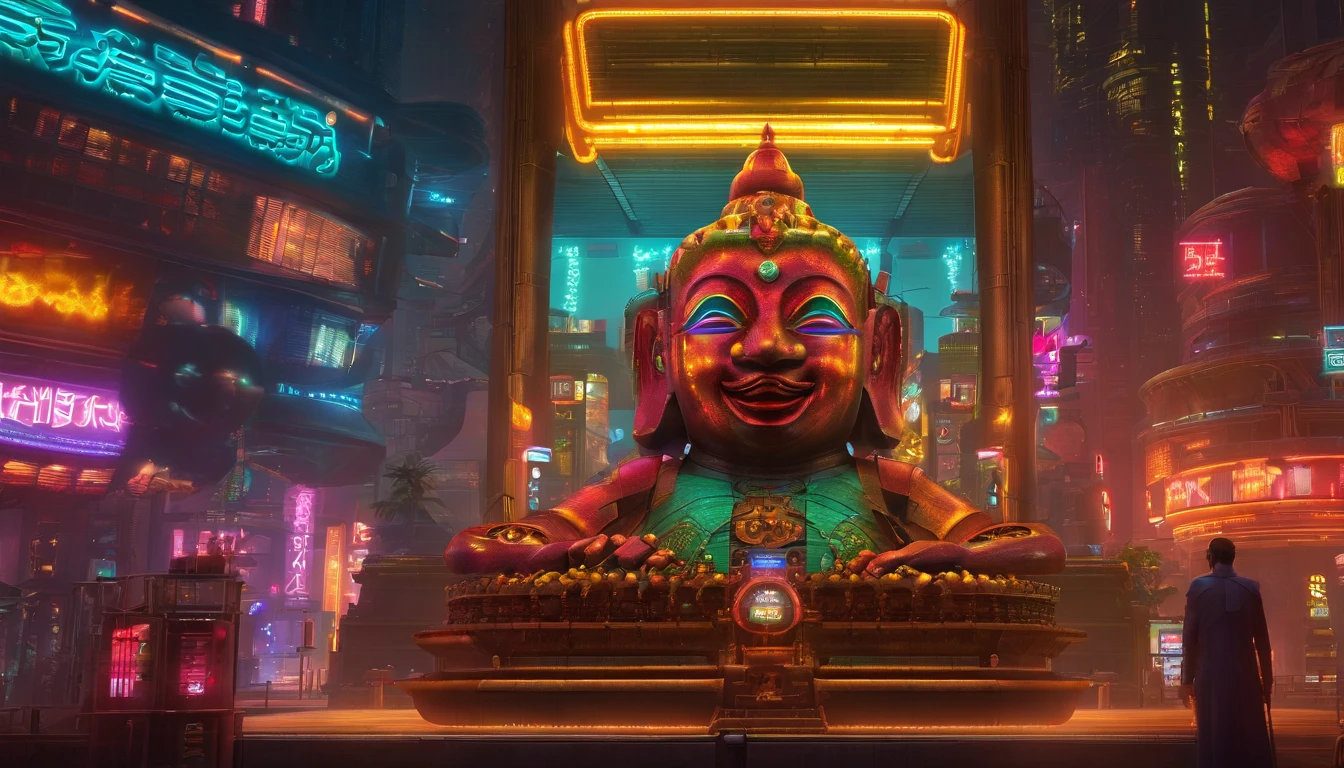 Super giant mechanical Buddha statue,Multitudes adoradoras,en estilo steampunk,Super-fino,8k,Obras de maestros,Meticulous mechanical representation,OC renderizador,