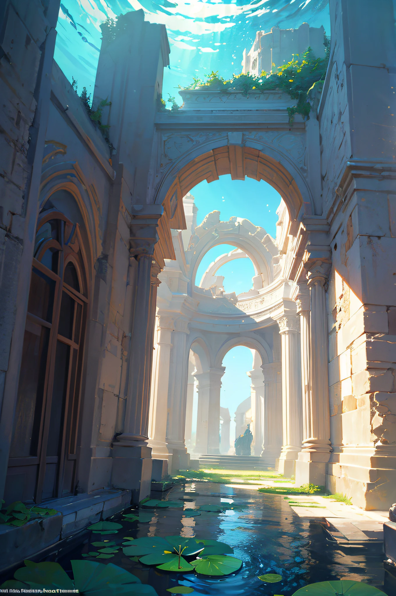 masterpiece, best quality, underwater, lotus leaves, beautiful lighting, atlantis, ruins, cinematic, landscape, (no human) hd