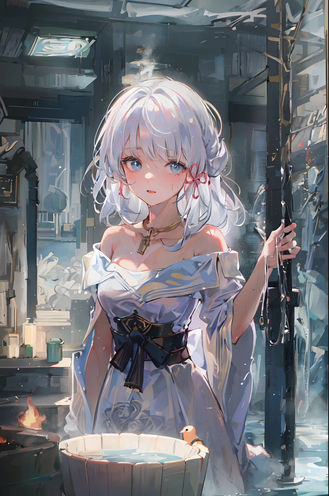 ((beautiful lighting, Best quality, 8K, Masterpiece: 1.3)), 1girl, Perfect body beauty: 1.4, Sweaty + wet skin,((white hair)), (White dress: 1.4), (onsen: 1.1), (Hot water bath), Soak, elegant,  Super Fine Face