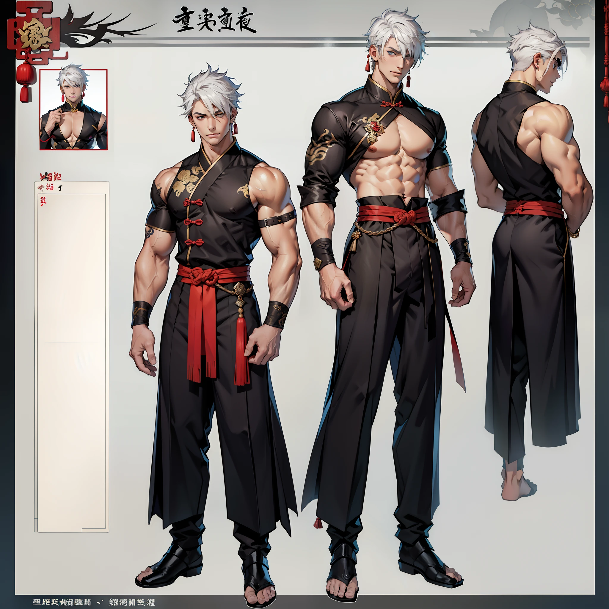 Character sheet, Handsome male. Perfect face, 6 ft 5 tall man. White hair. Short hair. Grey eyes. Eyepatch. Earrings. Toned body. Muscular male, character design sheet，full bodyesbian, Full of details, body front view, body back view,  Full body, front and back view, muscle body, Traditional chinese clothes. Genshin Impact. Hydro vision. Bulge in pants. Liyue,